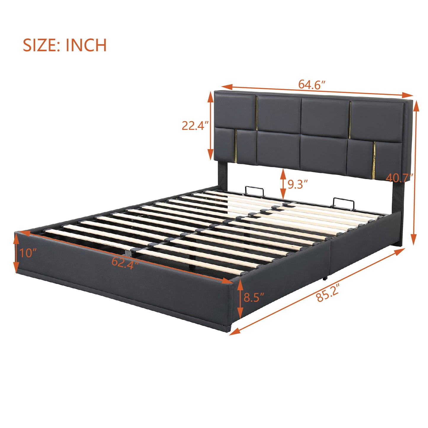 Dark gray faux leather upholstered bed frame with gold accents and slatted support