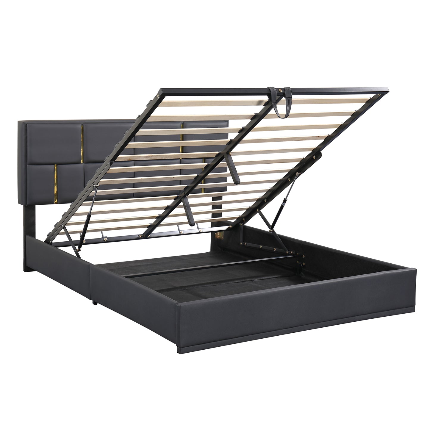 Dark gray faux leather bed frame with integrated liftup storage mechanism