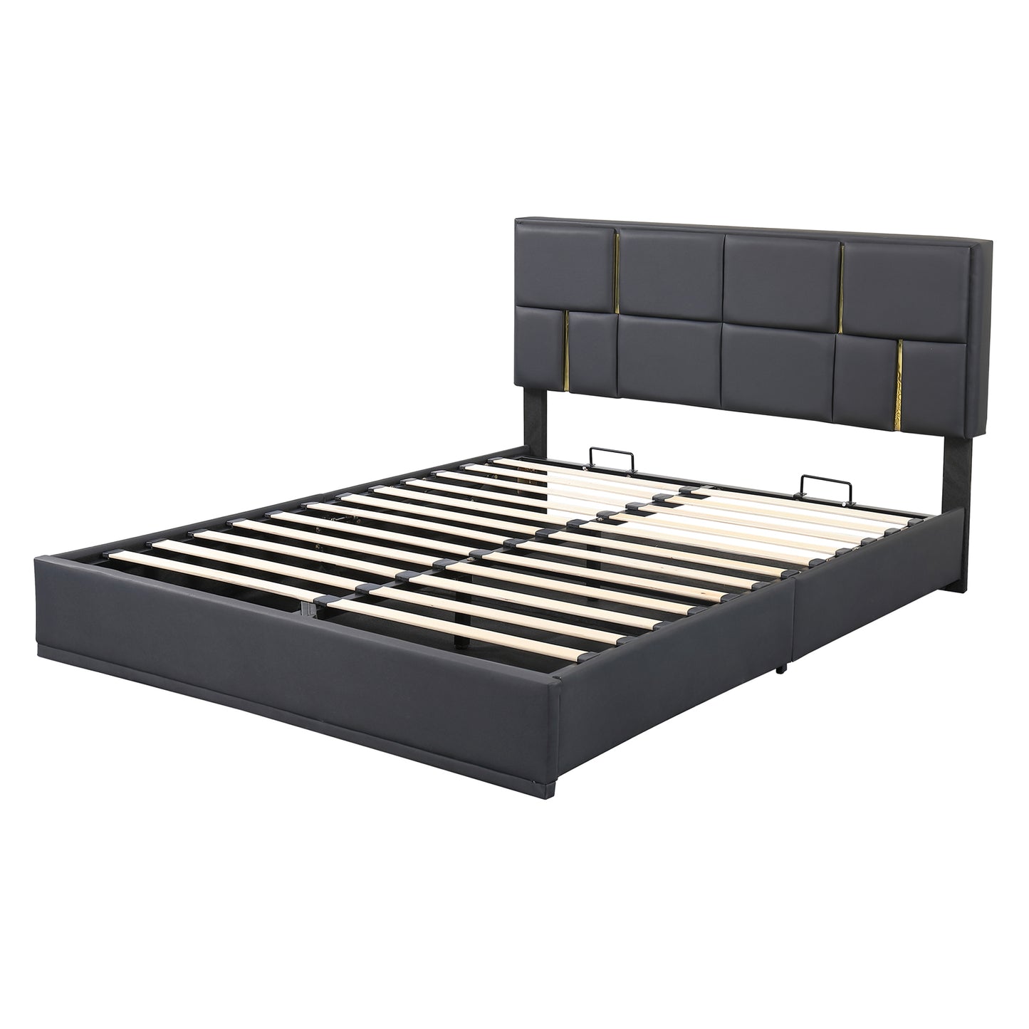 Modern grey upholstered bed frame with gold accents and slatted base
