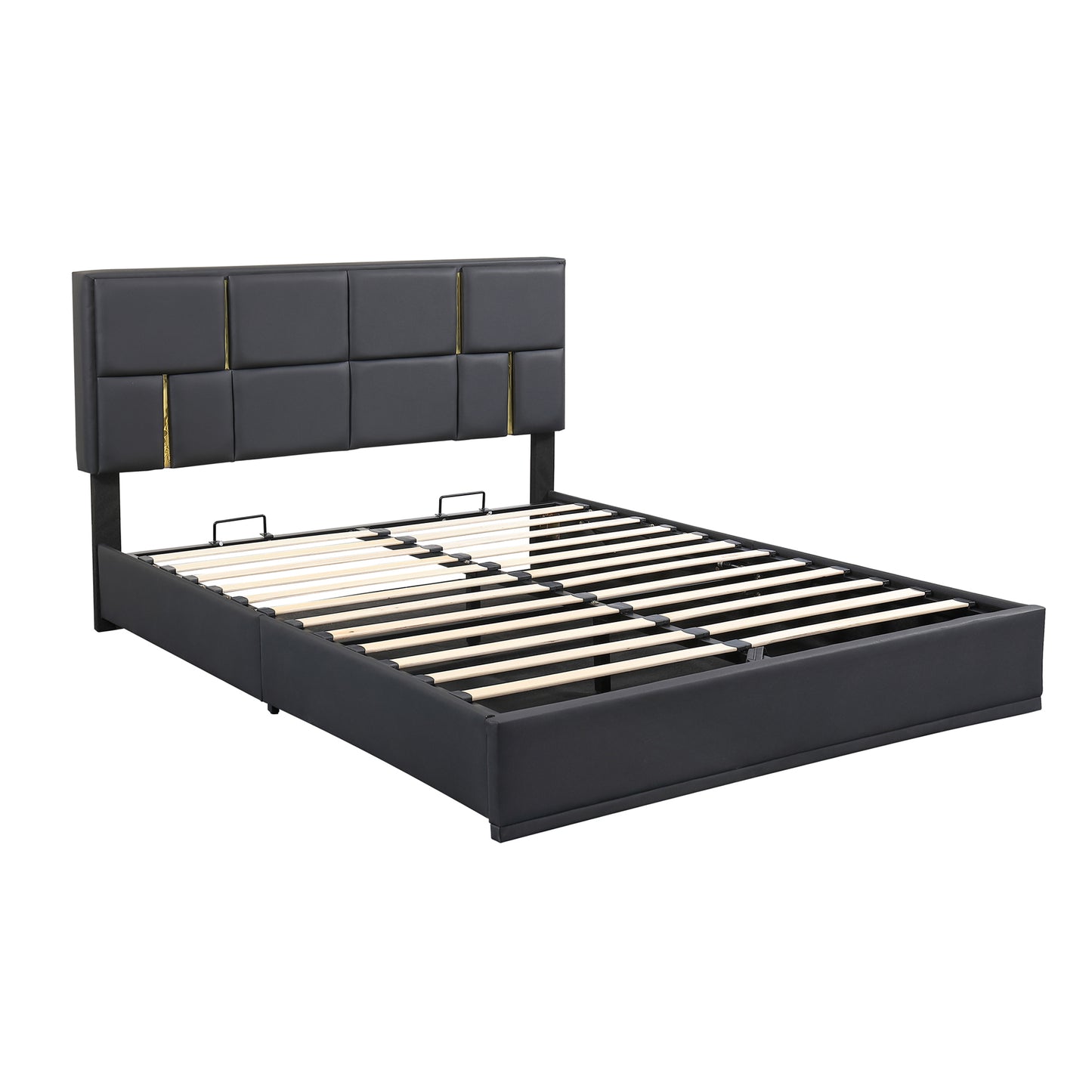 Dark gray upholstered bed frame with gold accents