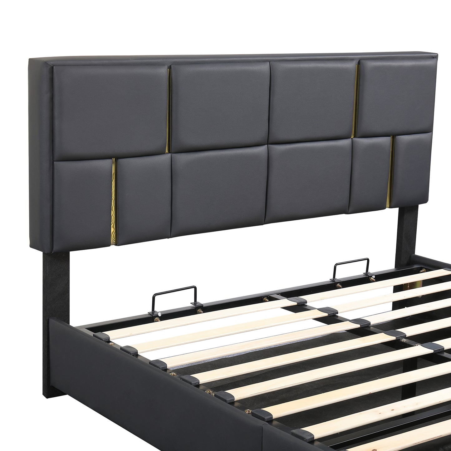 Grey upholstered bed frame with gold accents and slatted base