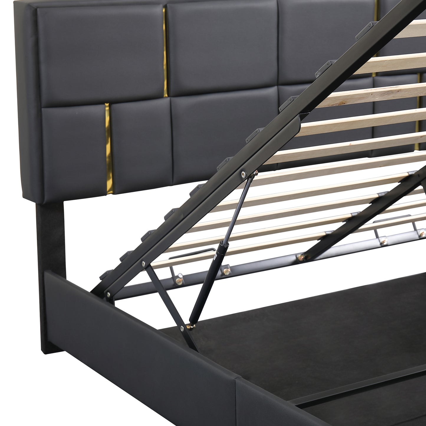 Black faux leather upholstered storage bed frame with gas lift