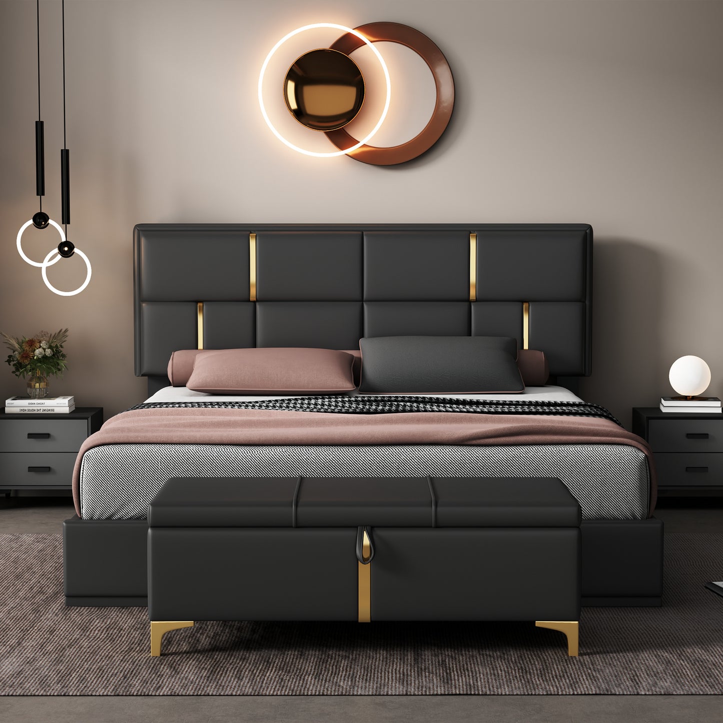 Modern black leather bed with gold accents and matching storage bench
