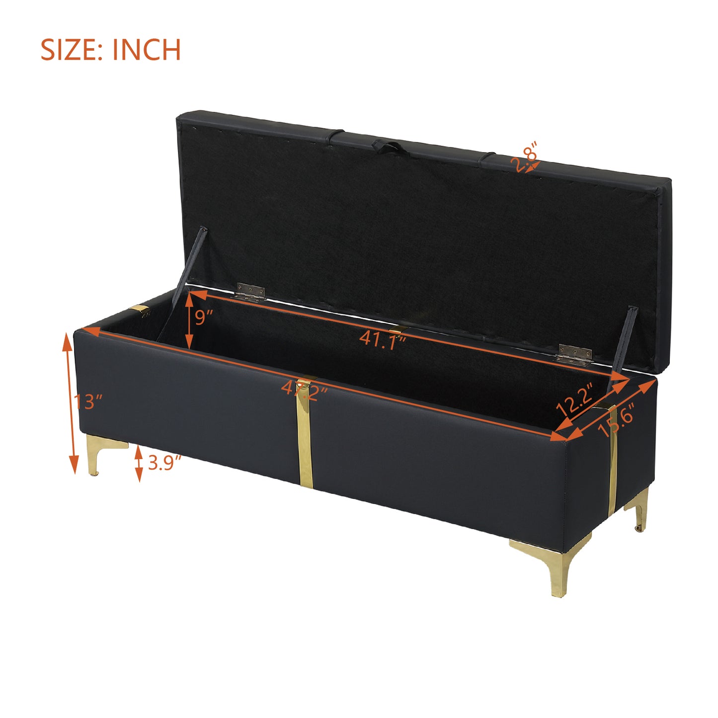 Black faux leather storage bench with gold accents