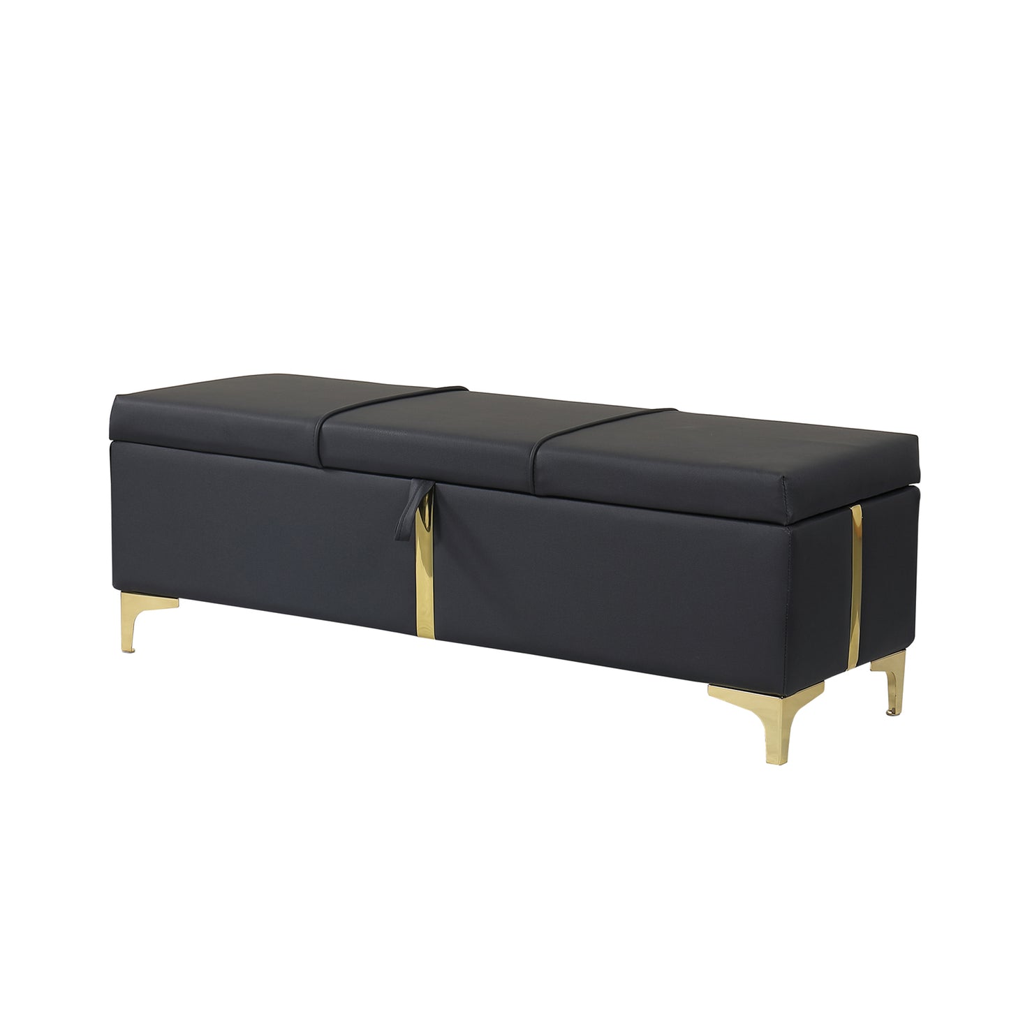 Black faux leather storage bench with gold accents and legs