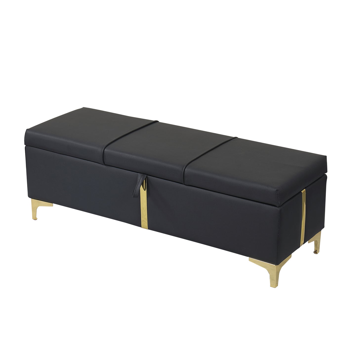 Black faux leather storage bench with gold accents and legs