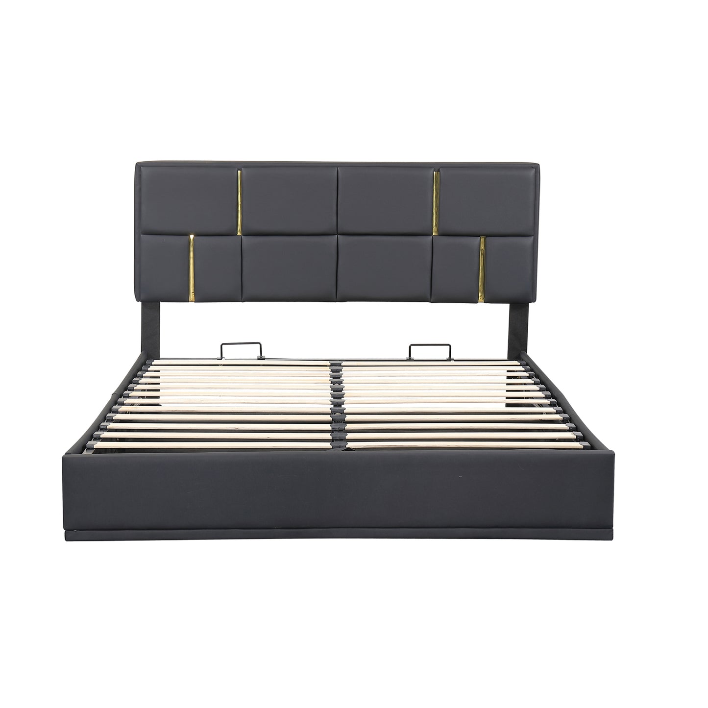 Modern grey upholstered bed frame with gold accents and slatted base