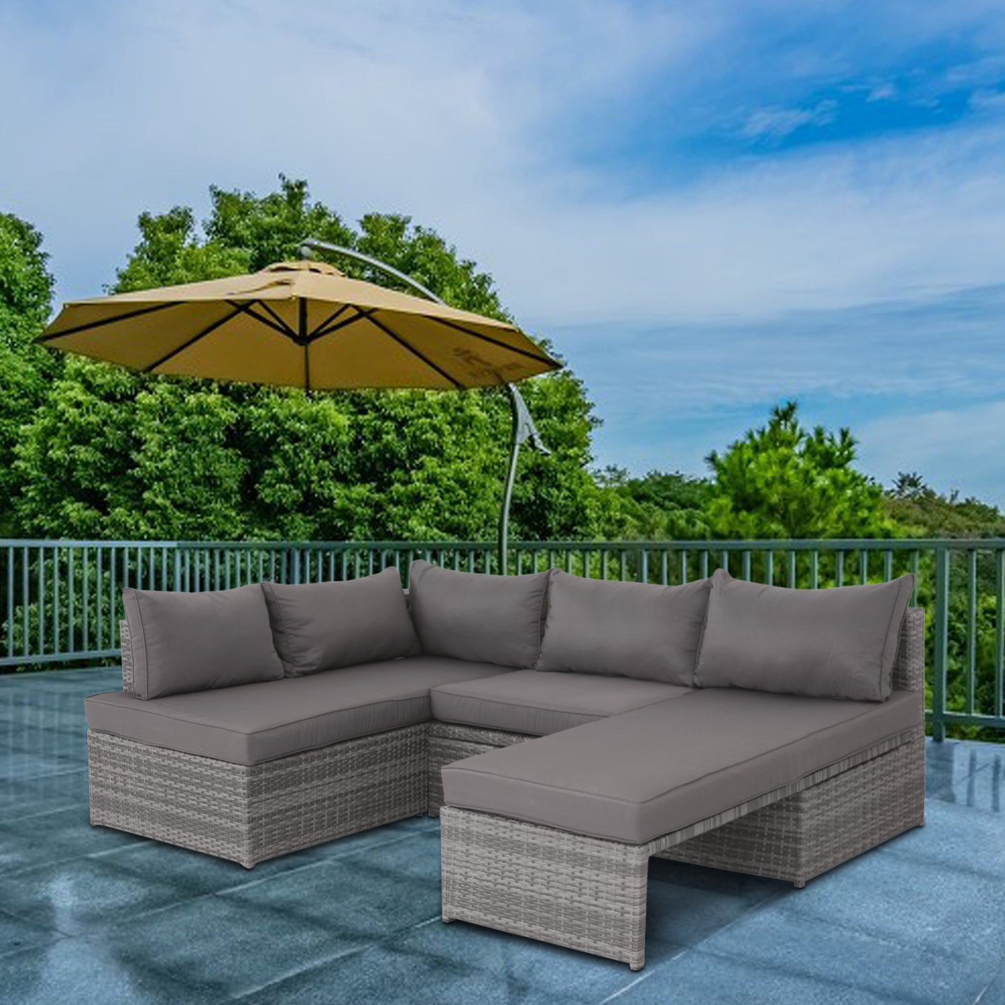 Gray wicker sectional patio sofa with plush cushions for outdoor relaxation