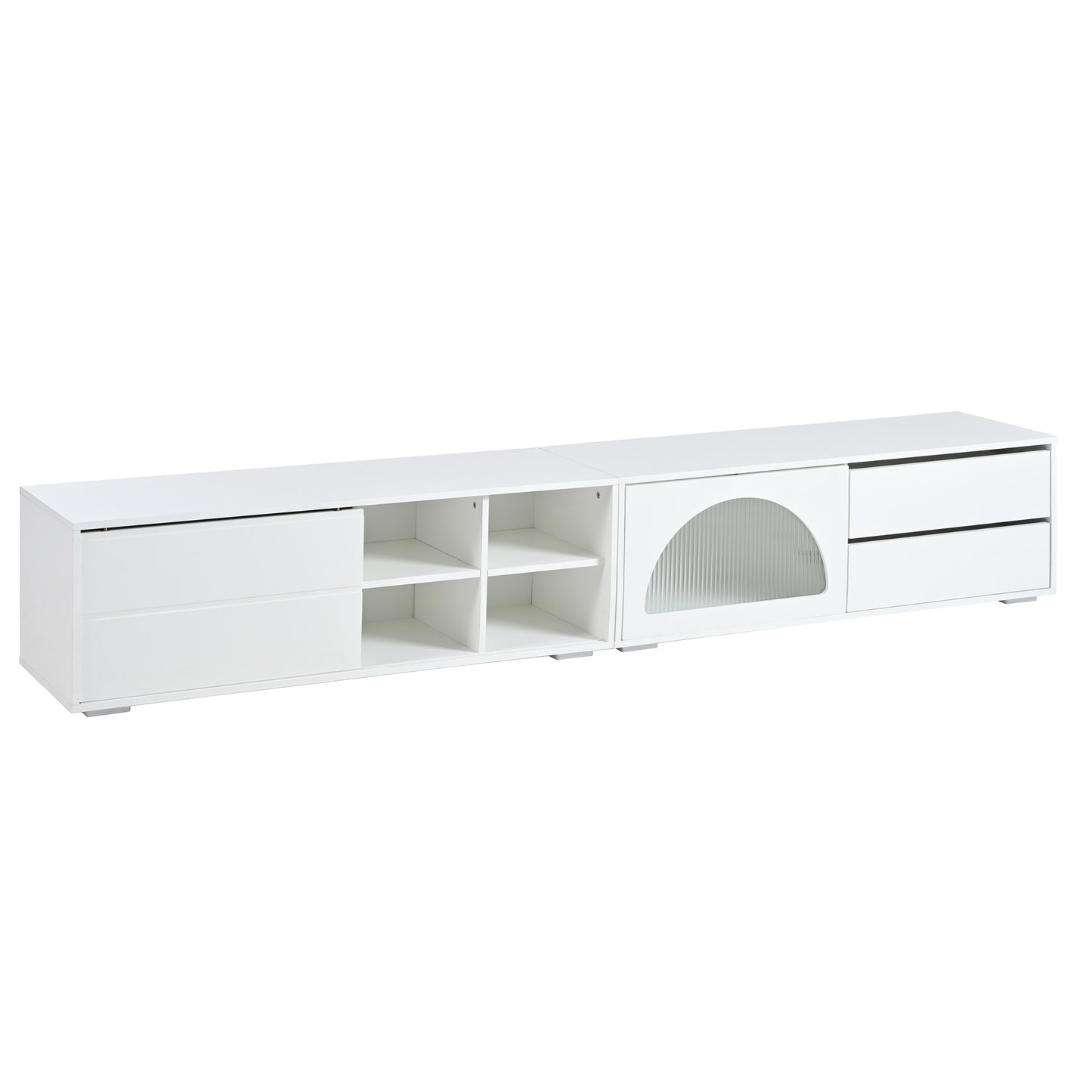 Modern white media console with two drawers and open shelving