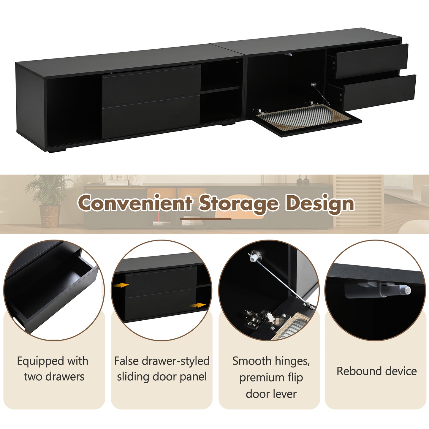 Modern black media console with two drawers and a sliding door panel