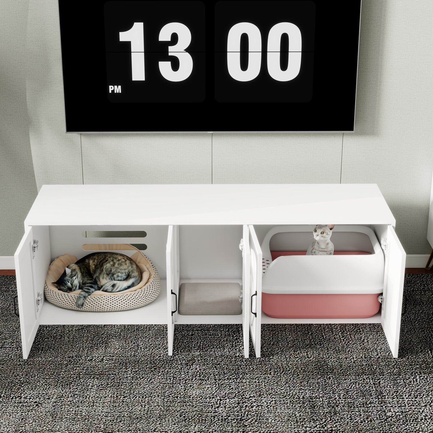 White wooden cat litter box enclosure with a comfortable pet bed for a sleeping cat