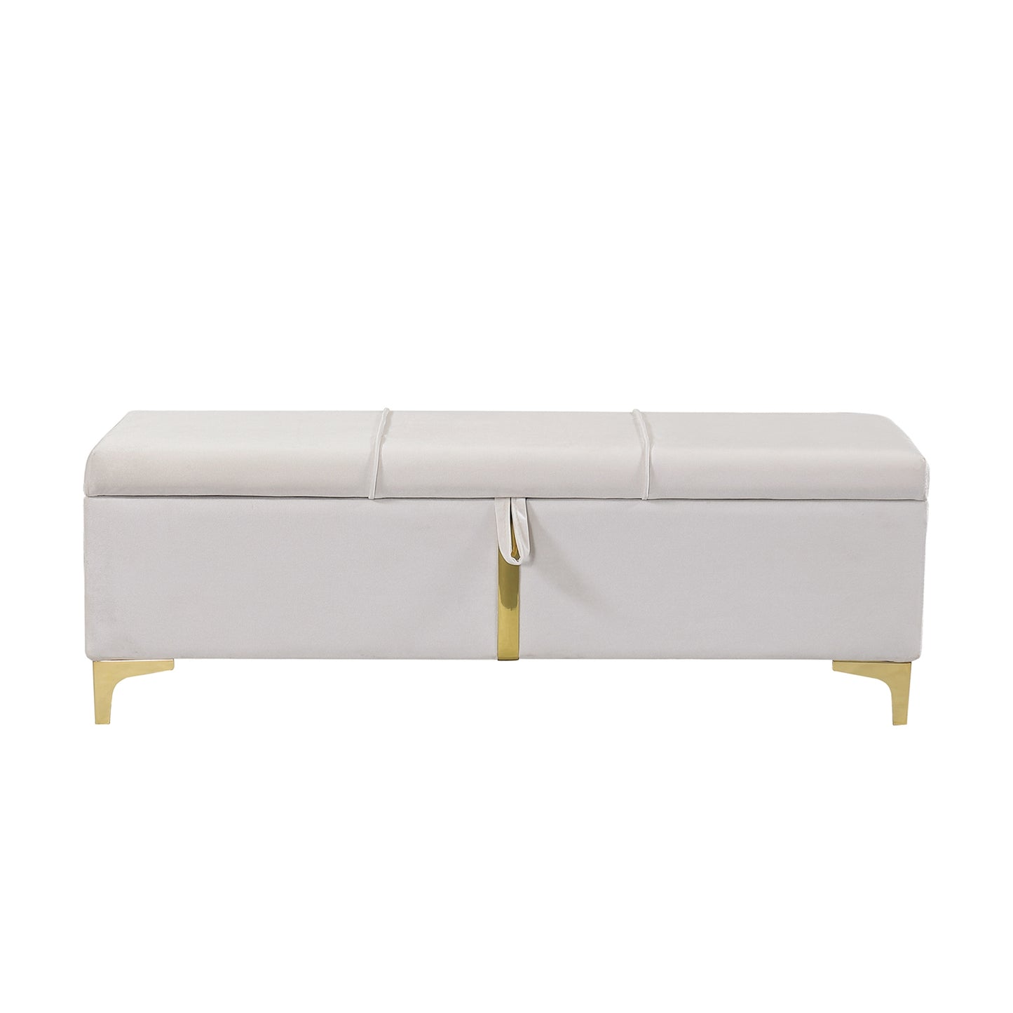 Gray velvet storage ottoman with gold accents and button tufted lid