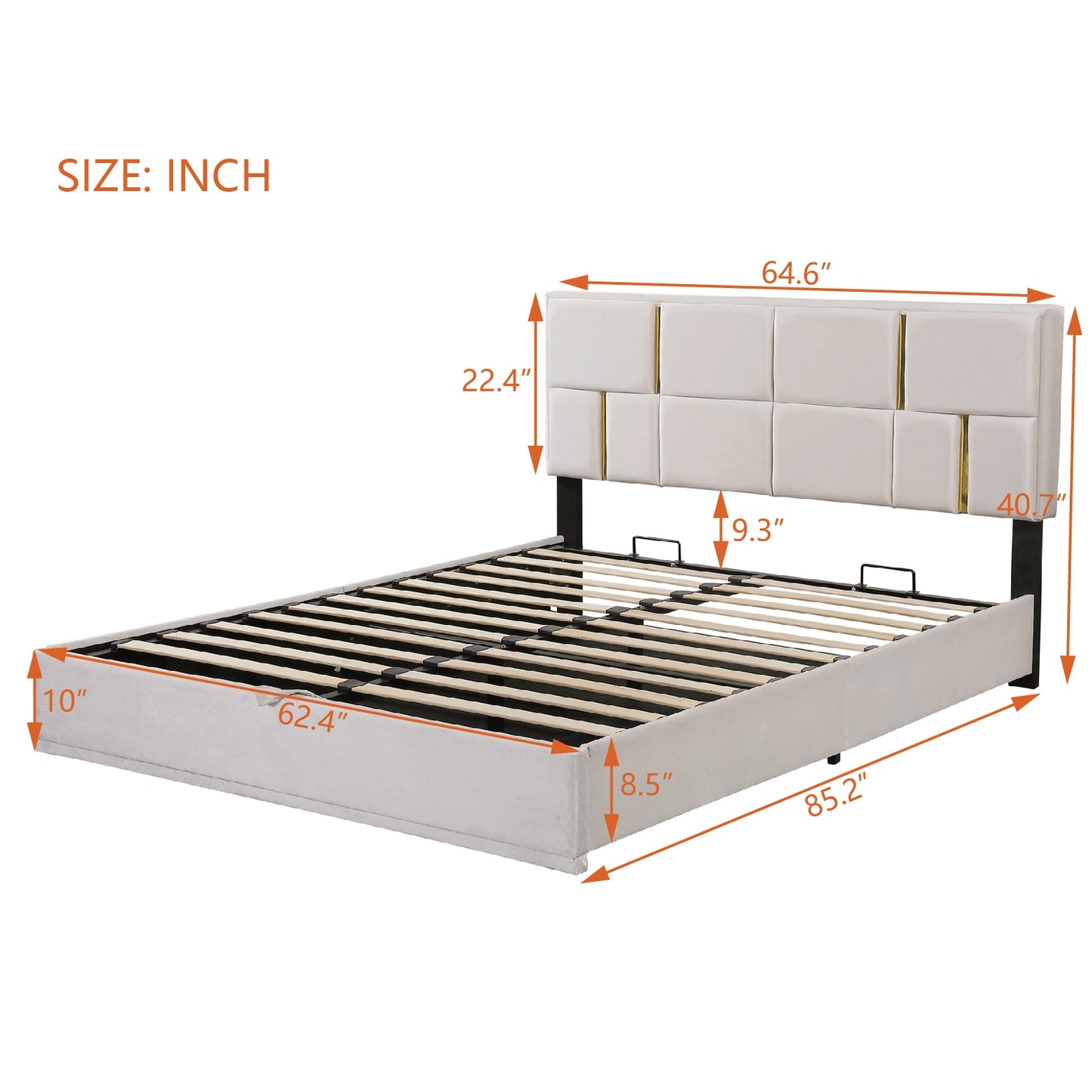 Upholstered platform bed frame with a creamcolored fabric and gold accents on the headboard