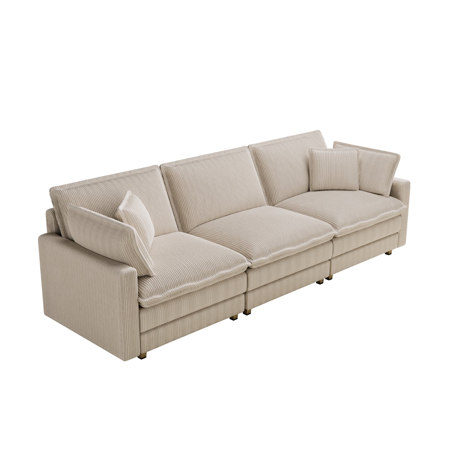 Beige corduroy sectional sofa with plush cushions and modern brass legs for living rooms