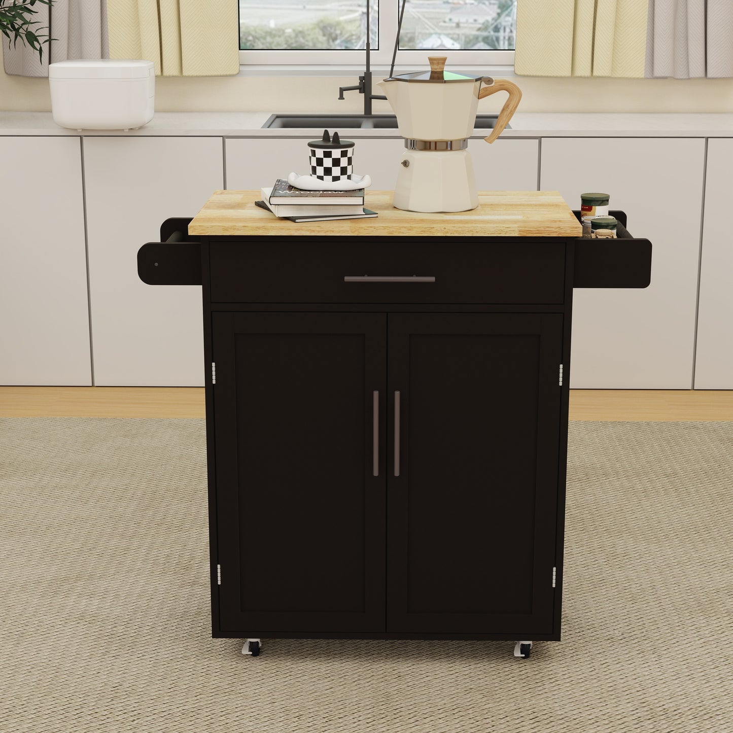 Dark brown kitchen cart with butcher block top and dual cabinet doors