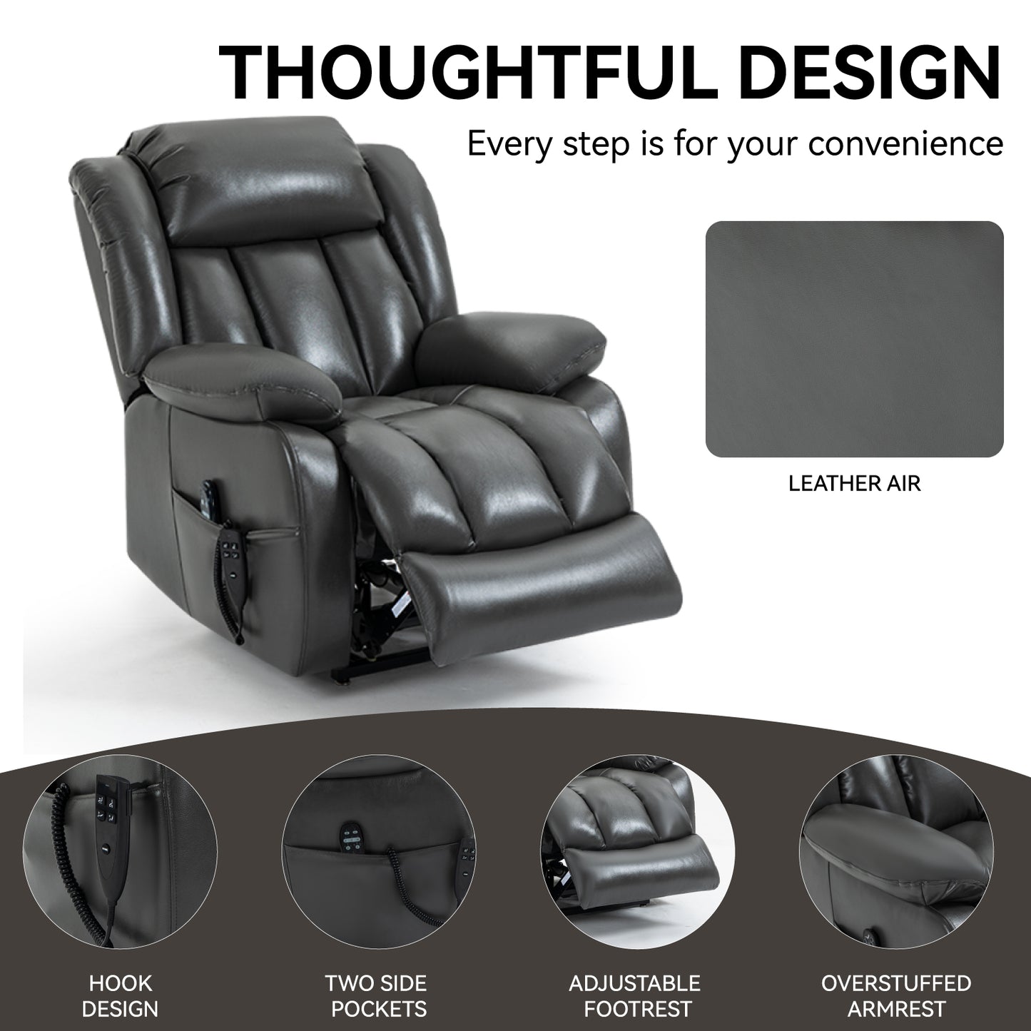 Gray leather recliner with plush padding and adjustable footrest for ultimate comfort