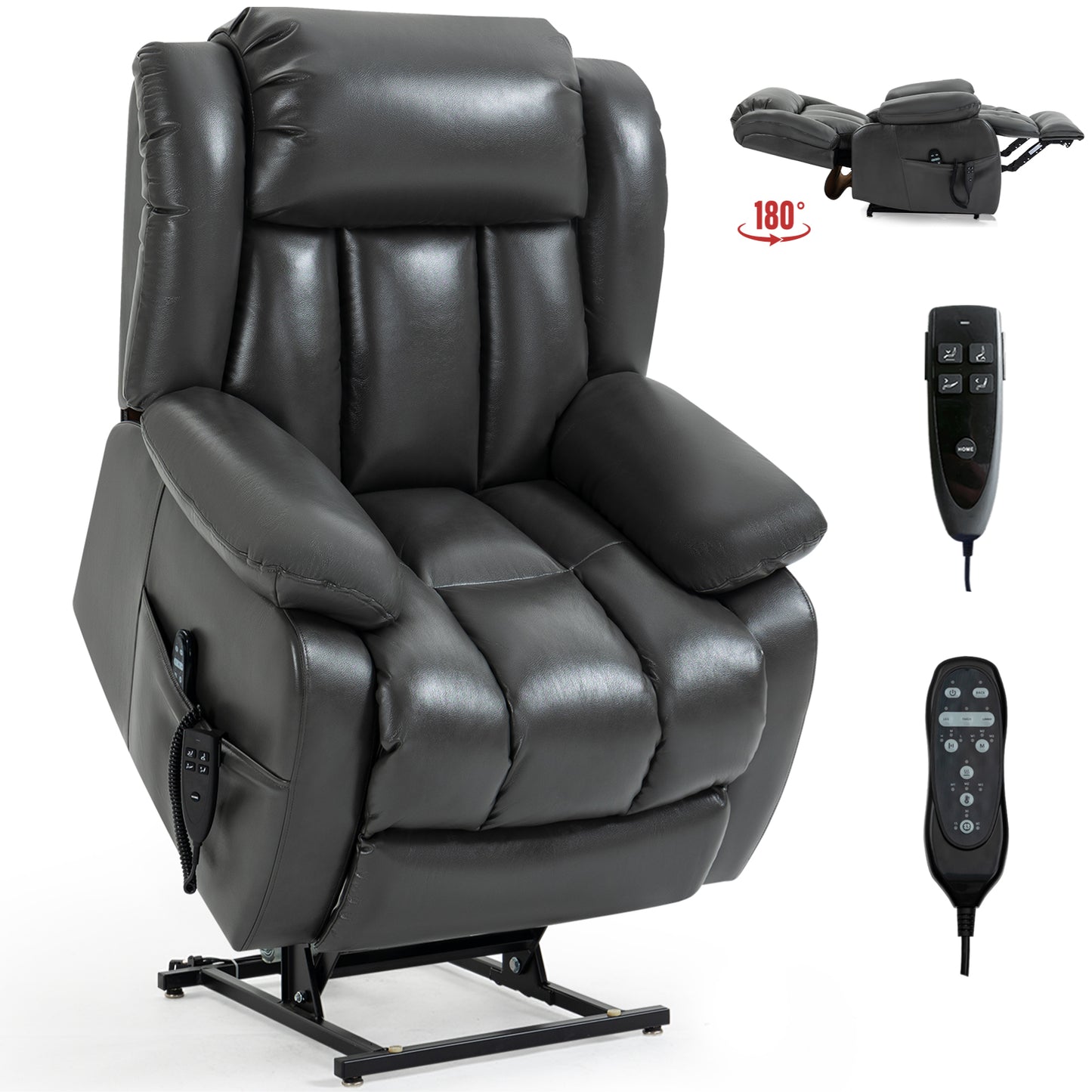 Gray leather power lift recliner with dual motors and side pocket for remote