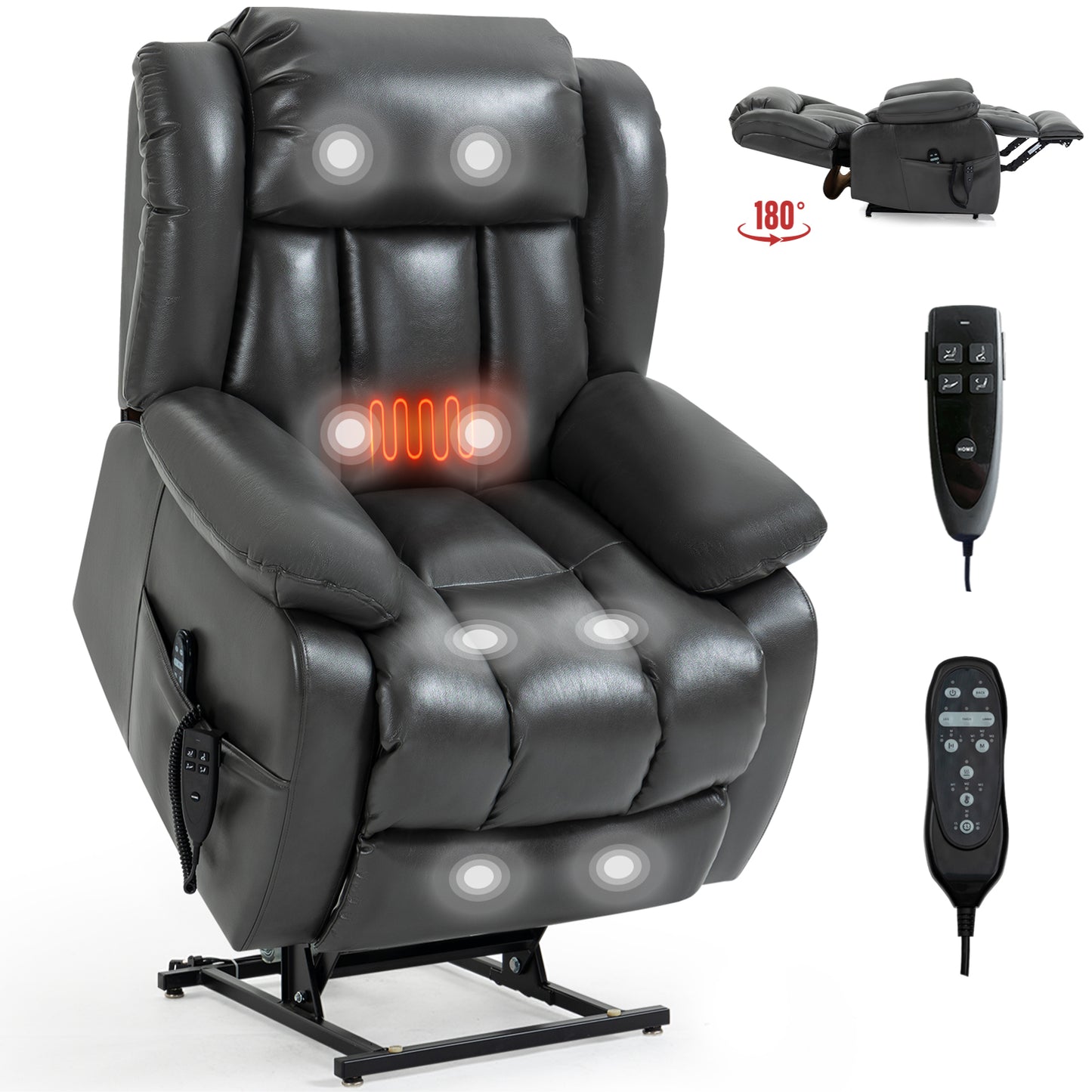 Black faux leather lift chair with massage and heat features ideal for seniors