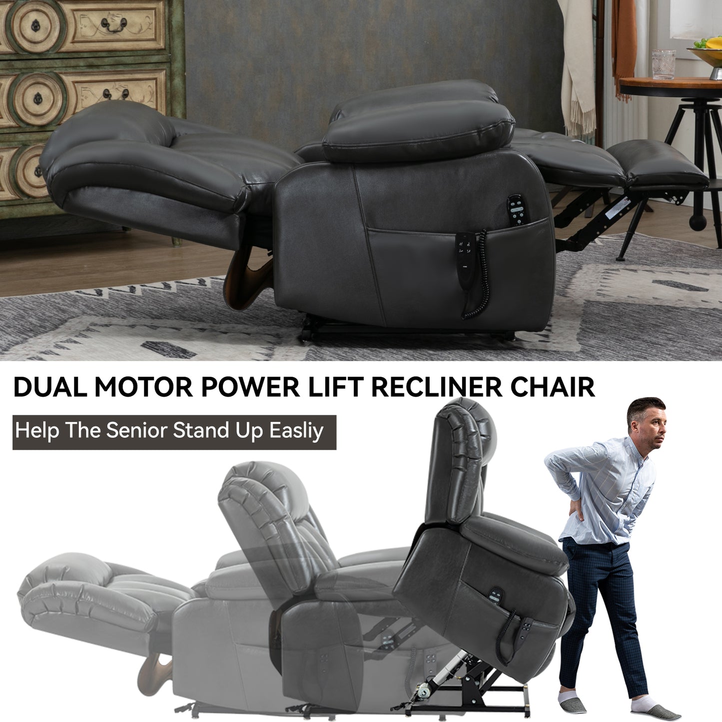 Dark grey leather dual motor lift recliner chair with remote control and footrest extended
