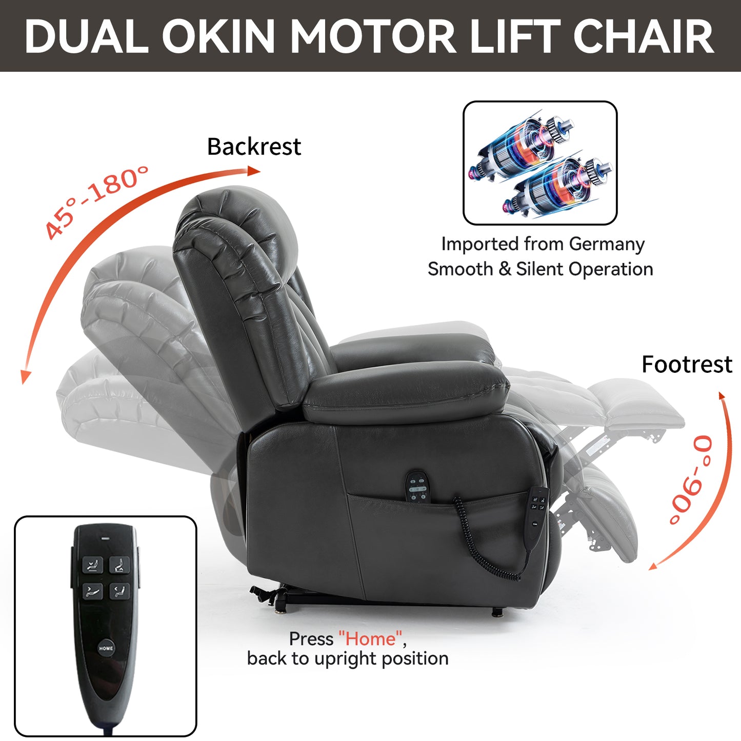 Black leather lift chair recliner with dual Okin motors for smooth operation