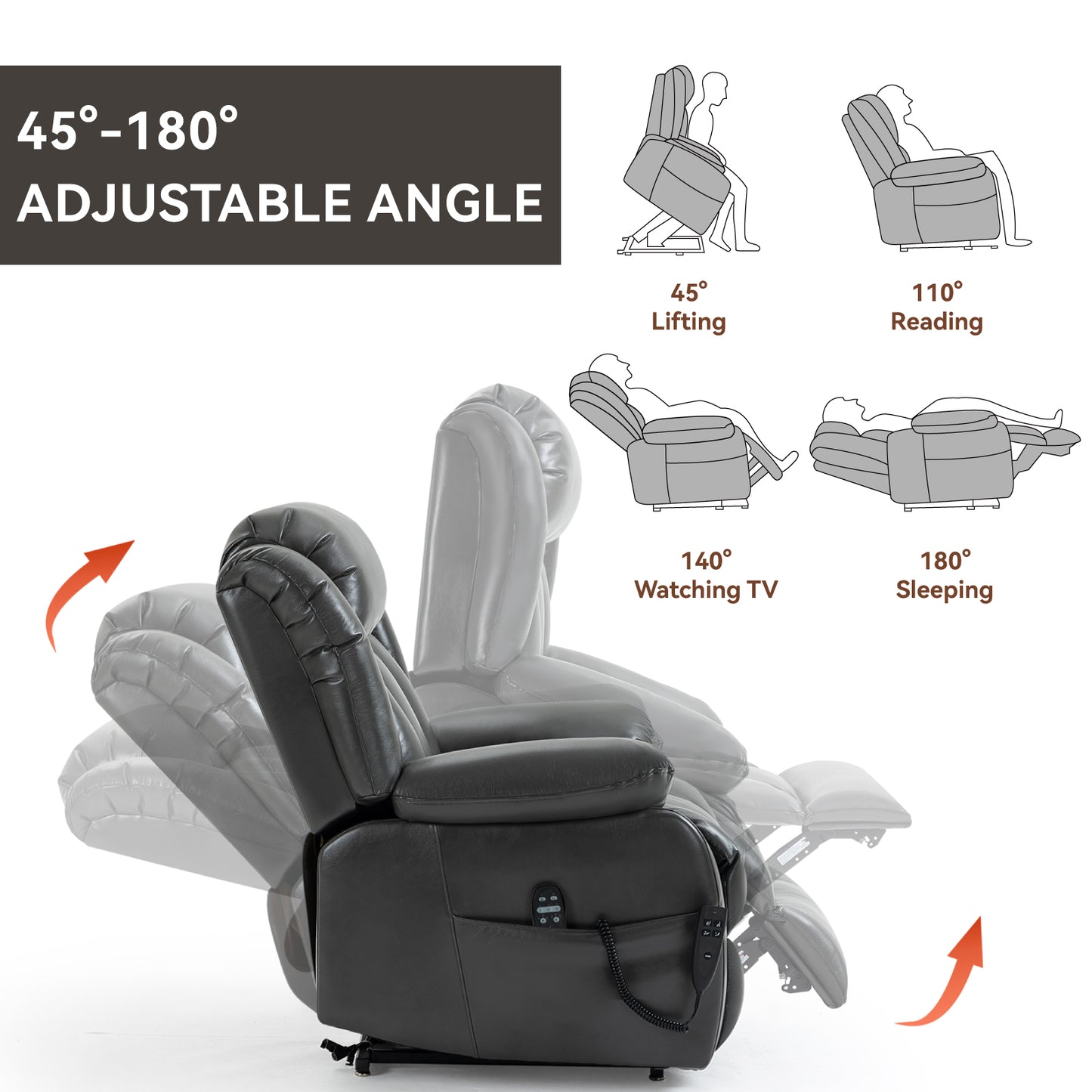 Black leather power recliner chair with adjustable angles for lifting reading watching TV and sleeping