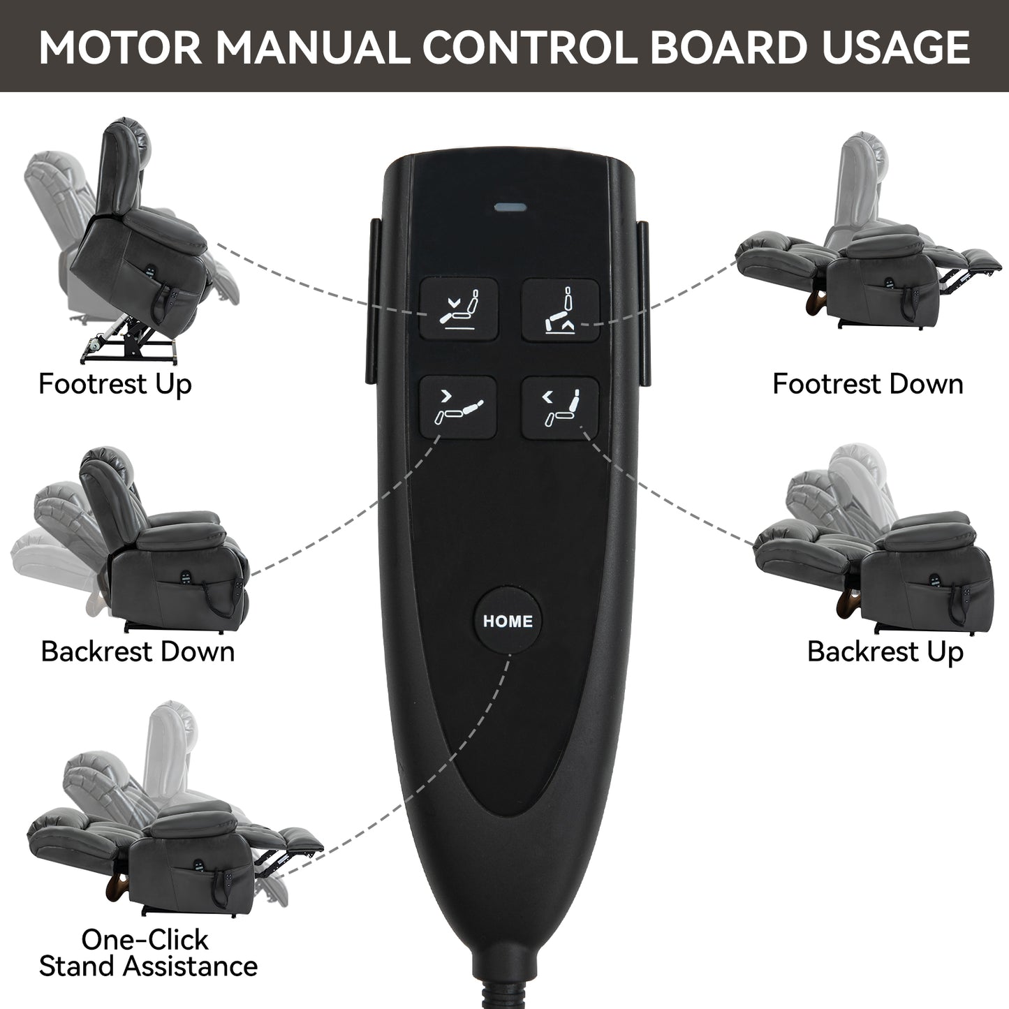 Black recliner remote with footrest up indicator on power lift chair