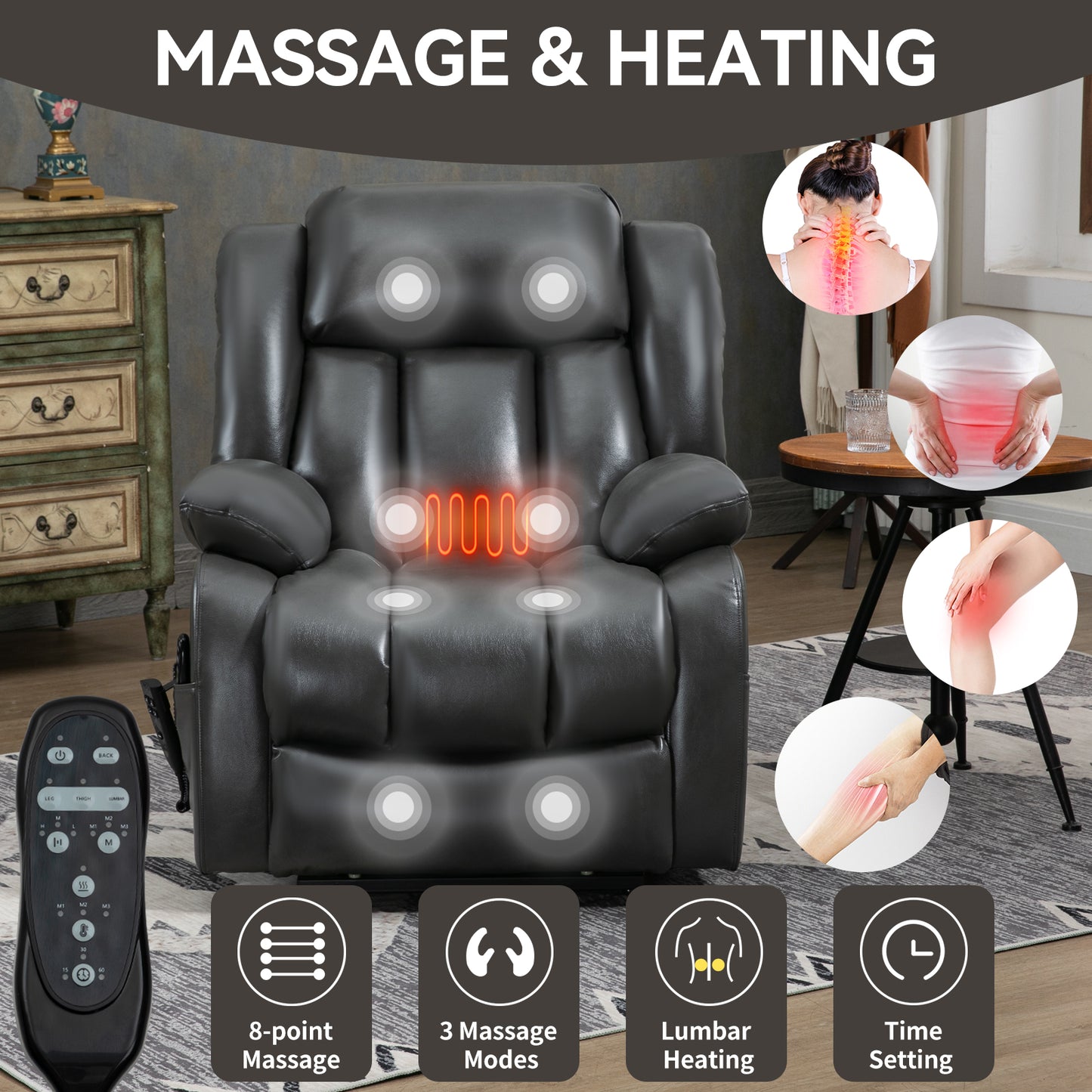 Black leather massage recliner with point massage and lumbar heating functions for ultimate relaxation
