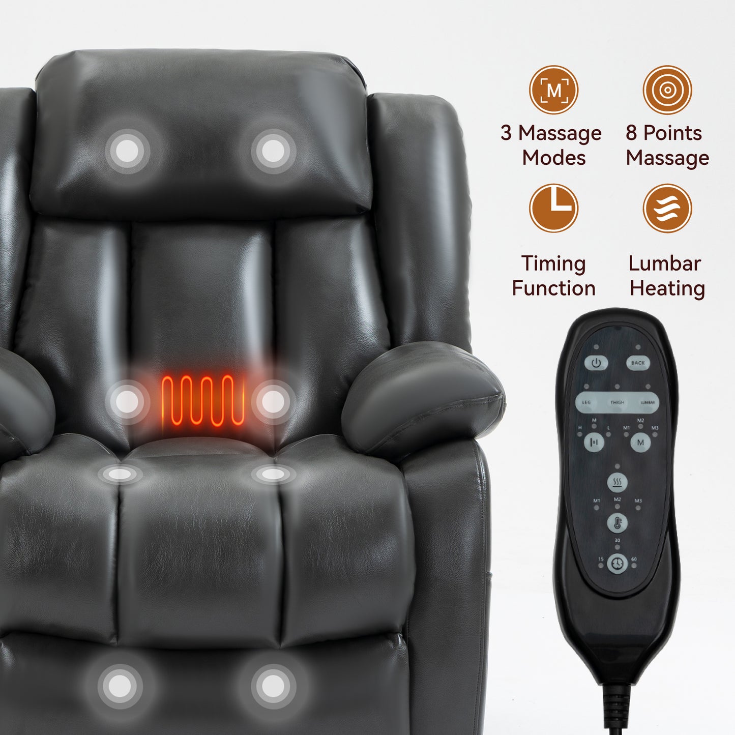 Black faux leather massage recliner with massage points and lumbar heating
