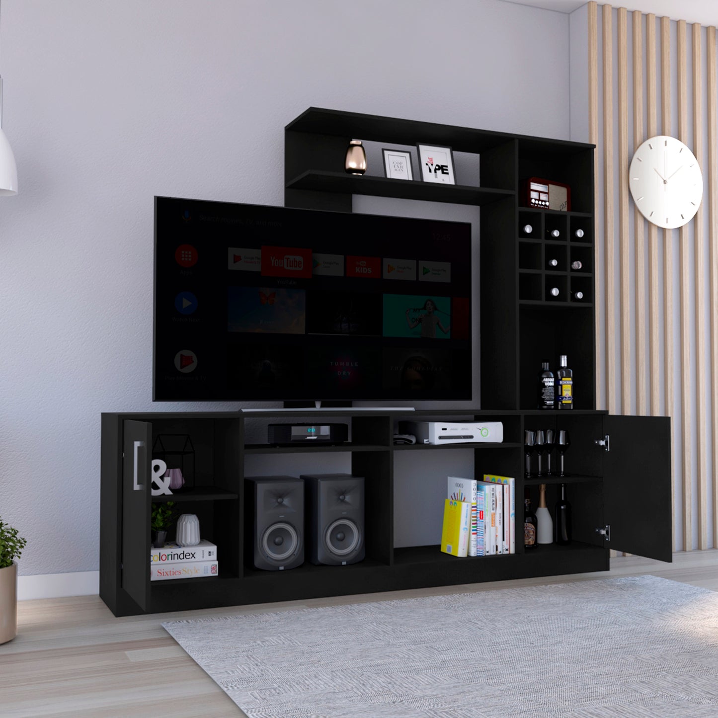 Modern black media console with large TV speakers and wine rack for living room