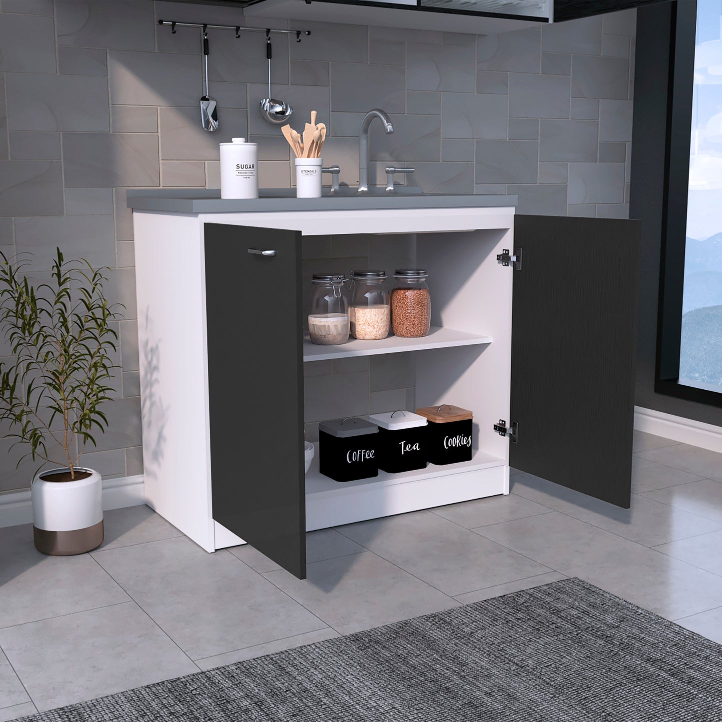White and dark gray kitchen cabinet with open doors revealing pantry storage