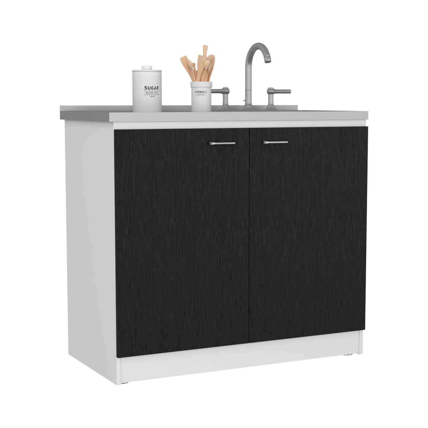 Modern black wood grain kitchen cabinet with chrome faucet and sink