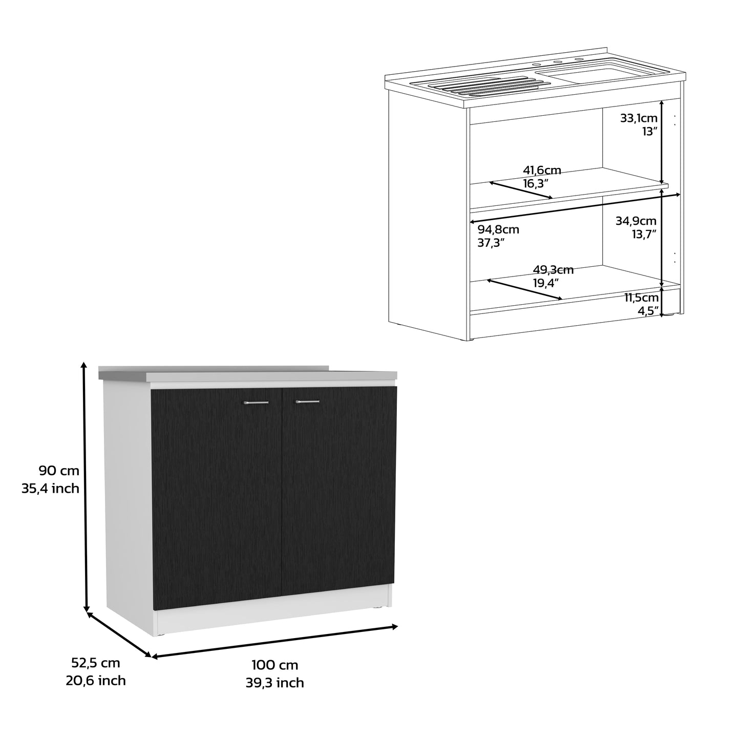 Dark wood effect cabinet with white sides and silver handles Kitchen base unit