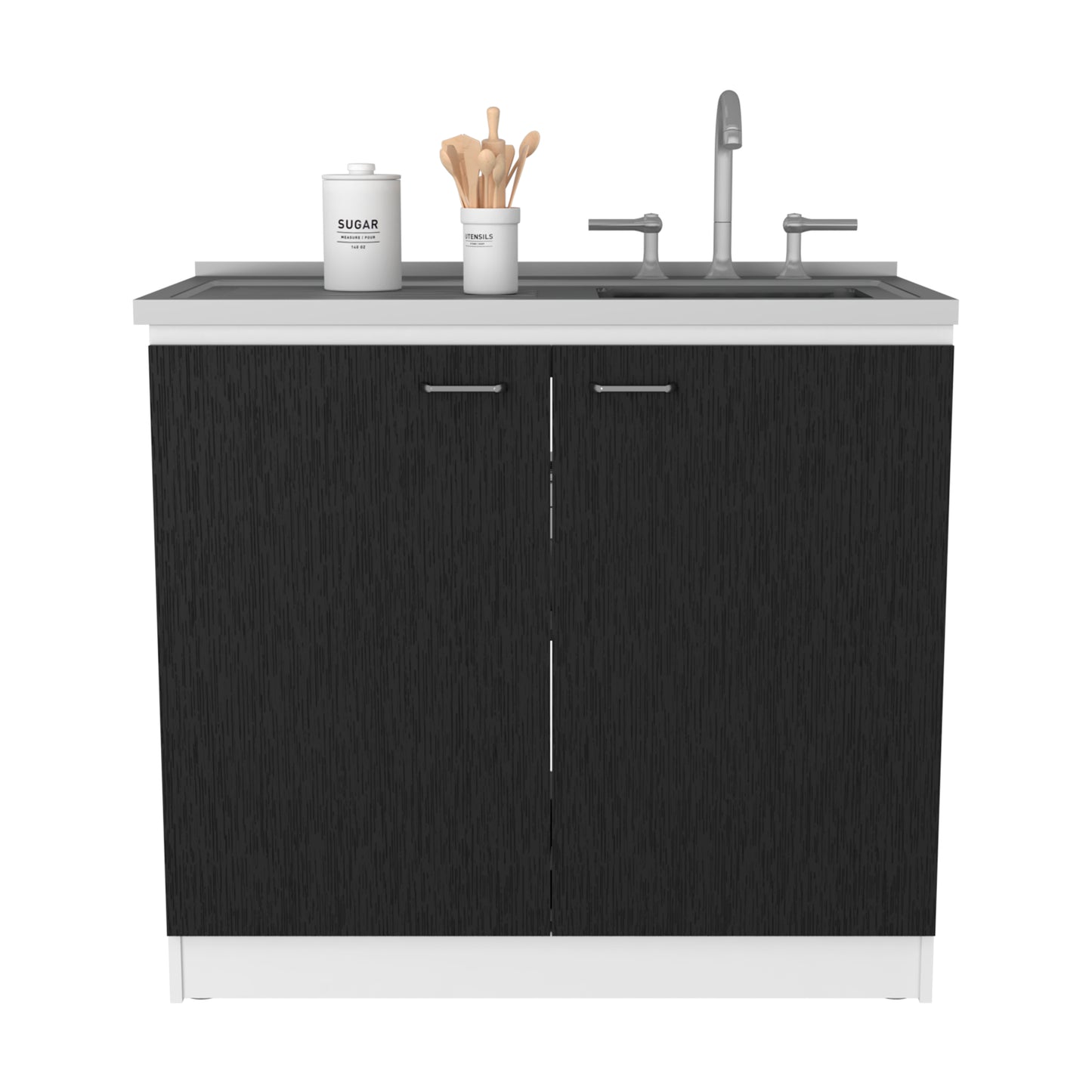 Modern black vanity with double doors and integrated sink and faucet for bathroom use