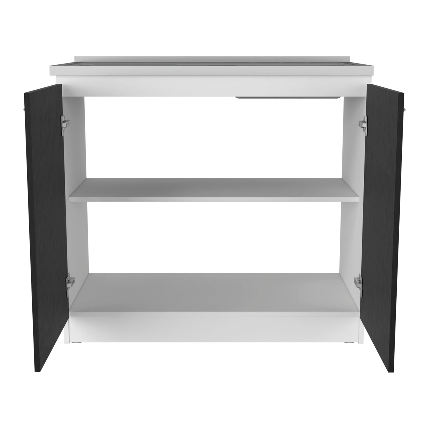 White and dark gray modern cabinet with two shelves and open doors for organized storage