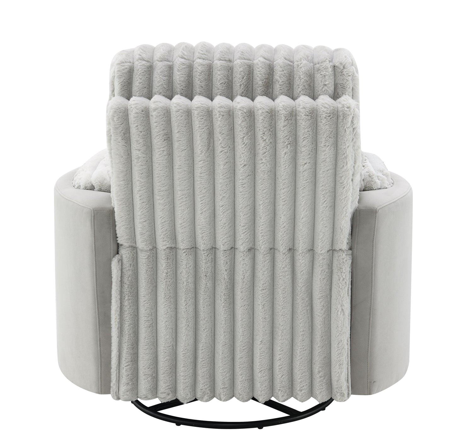 Plush gray swivel chair with channeled back and faux fur throw for cozy living room relaxation