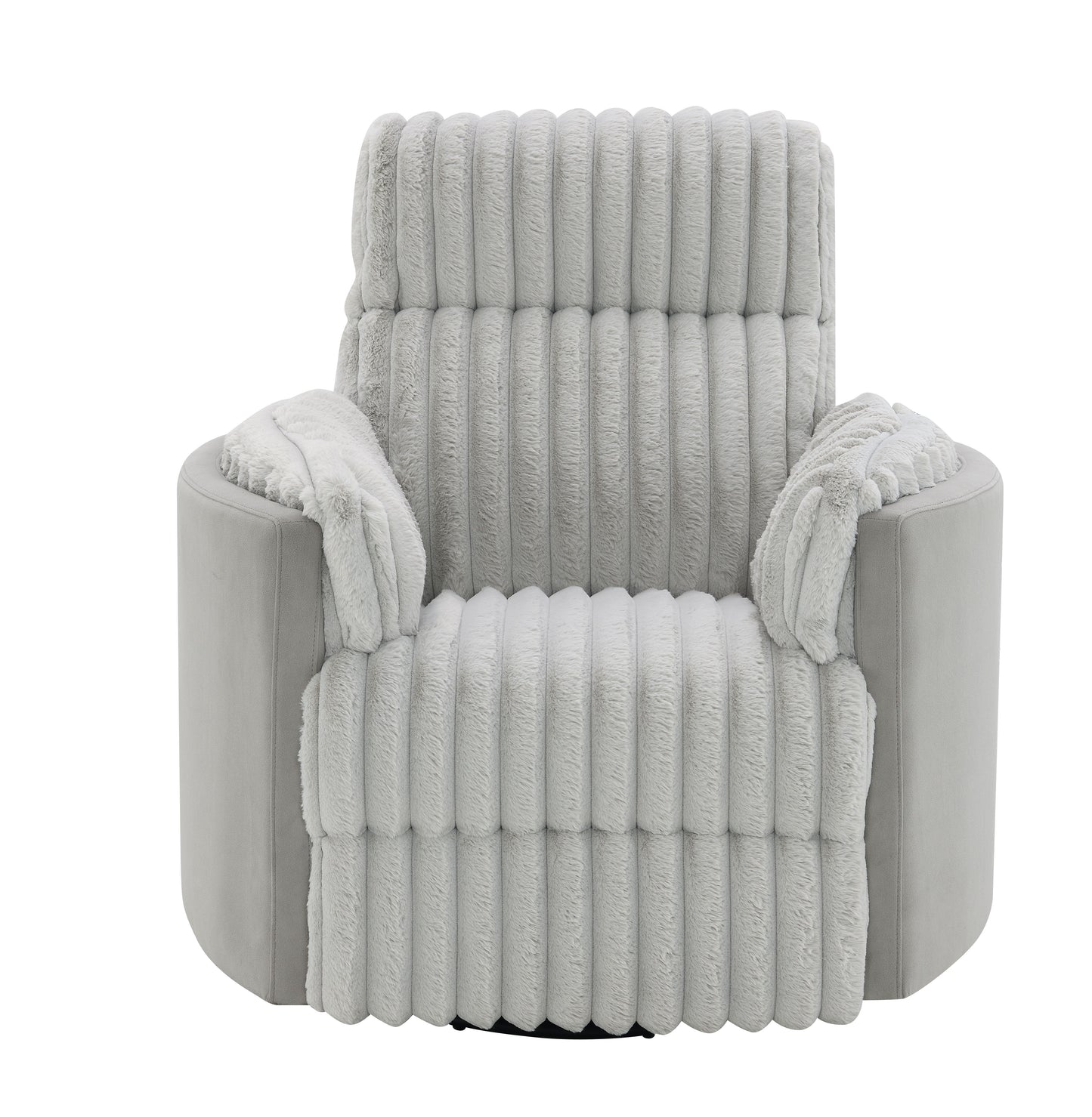 Plush gray swivel accent chair with plush ribbed upholstery and faux fur accents