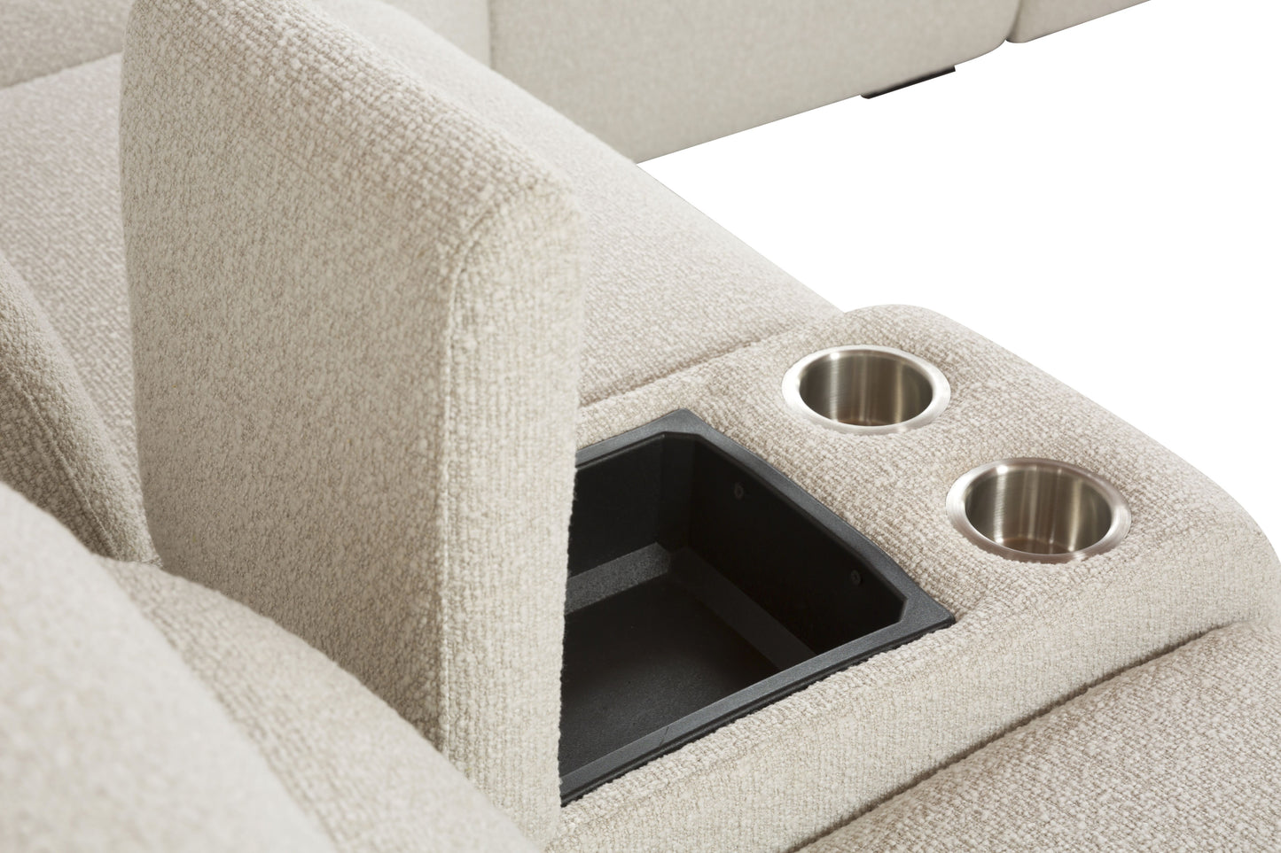 Beige textured fabric sofa with builtin storage compartment and stainless steel cup holders