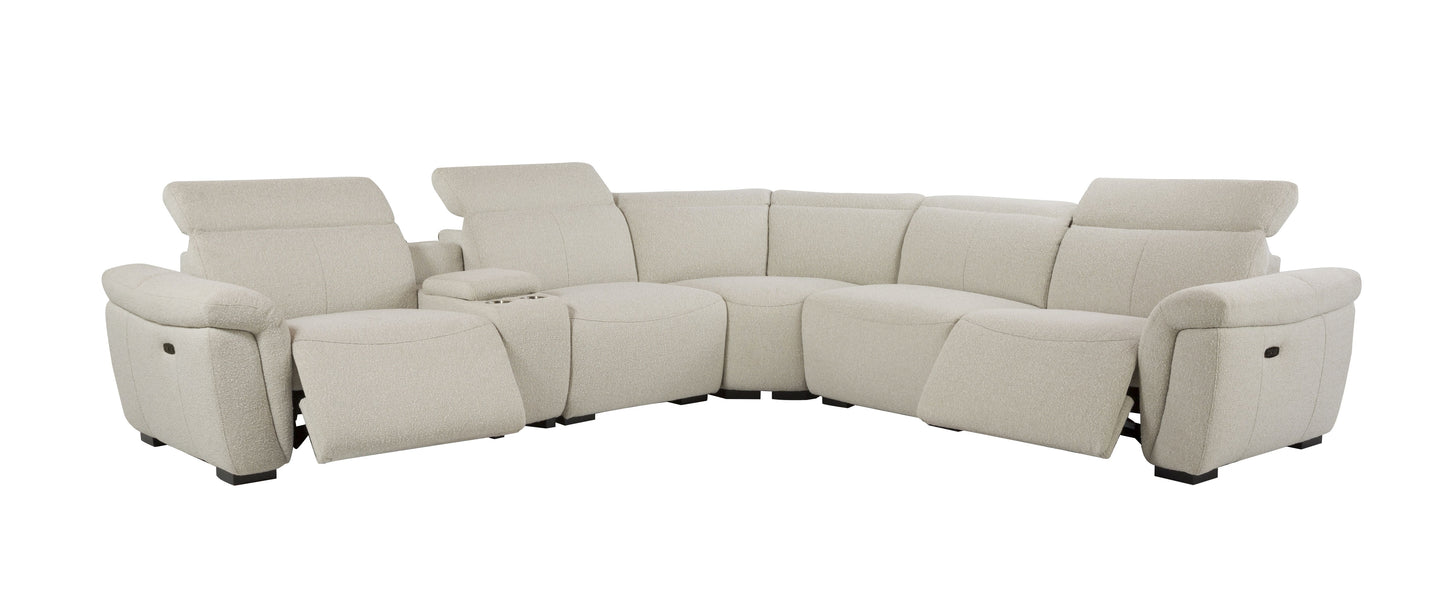 Cream fabric sectional sofa with reclining seats and cup holders