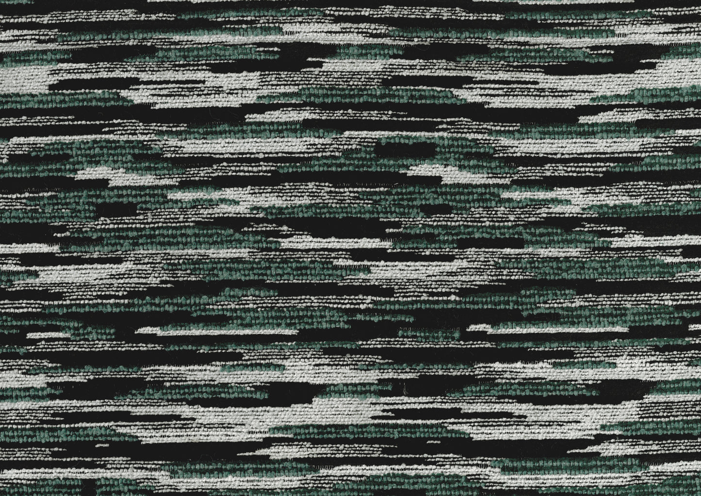 Textured fabric swatch with horizontal stripes of black white and teal threads