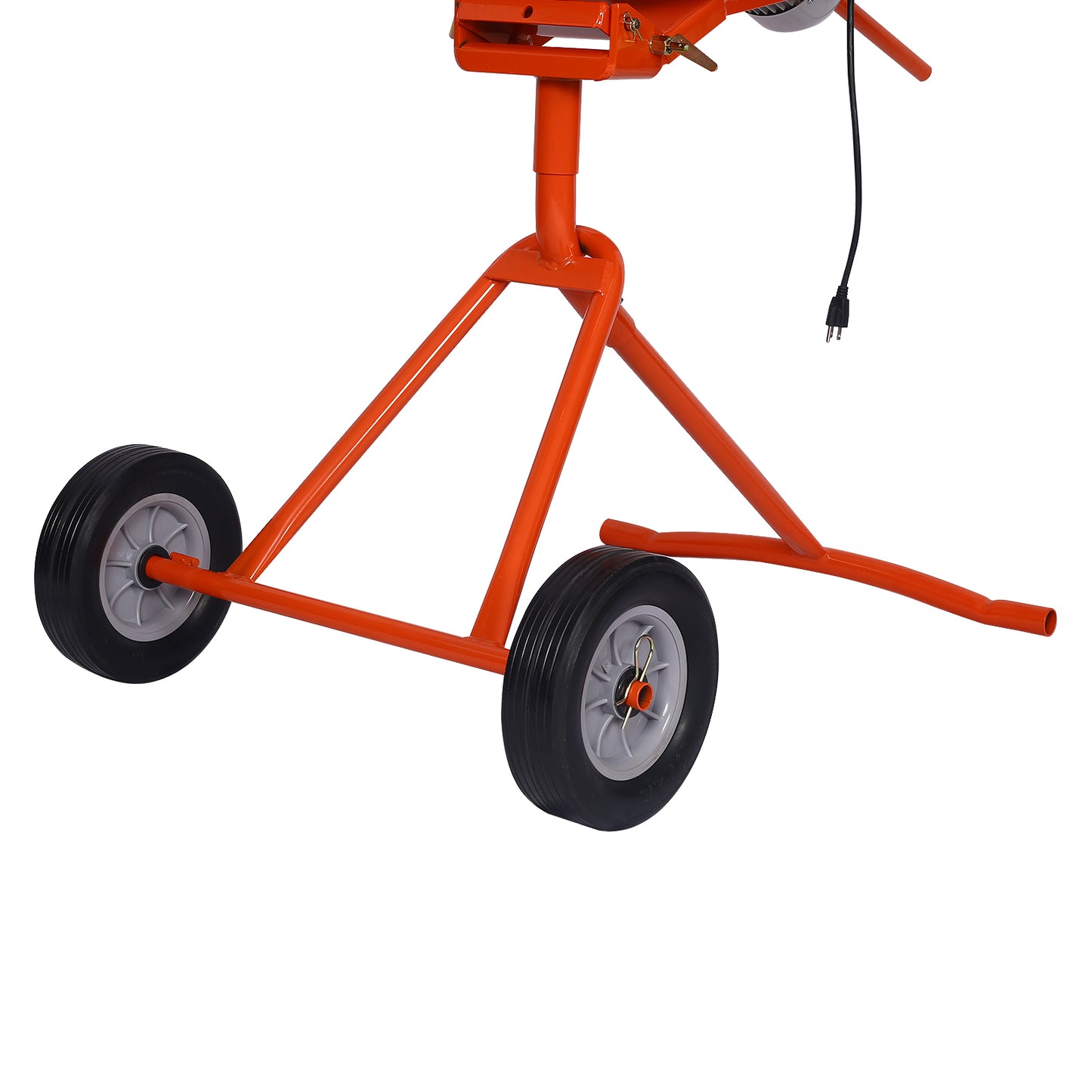 Orange metal stand with two black wheels and a power cord for a cement mixer