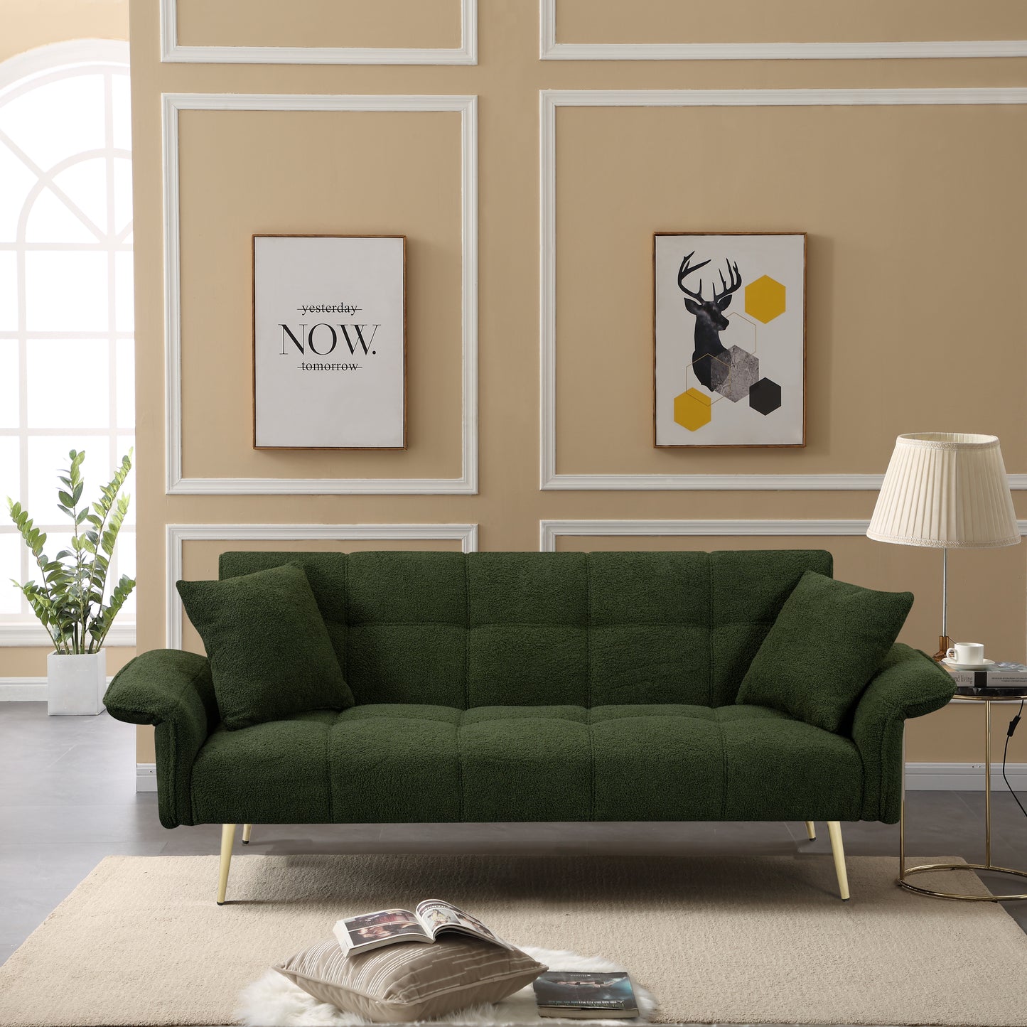 Dark green boucle fabric sofa with tufted seat and gold legs modern living room accent
