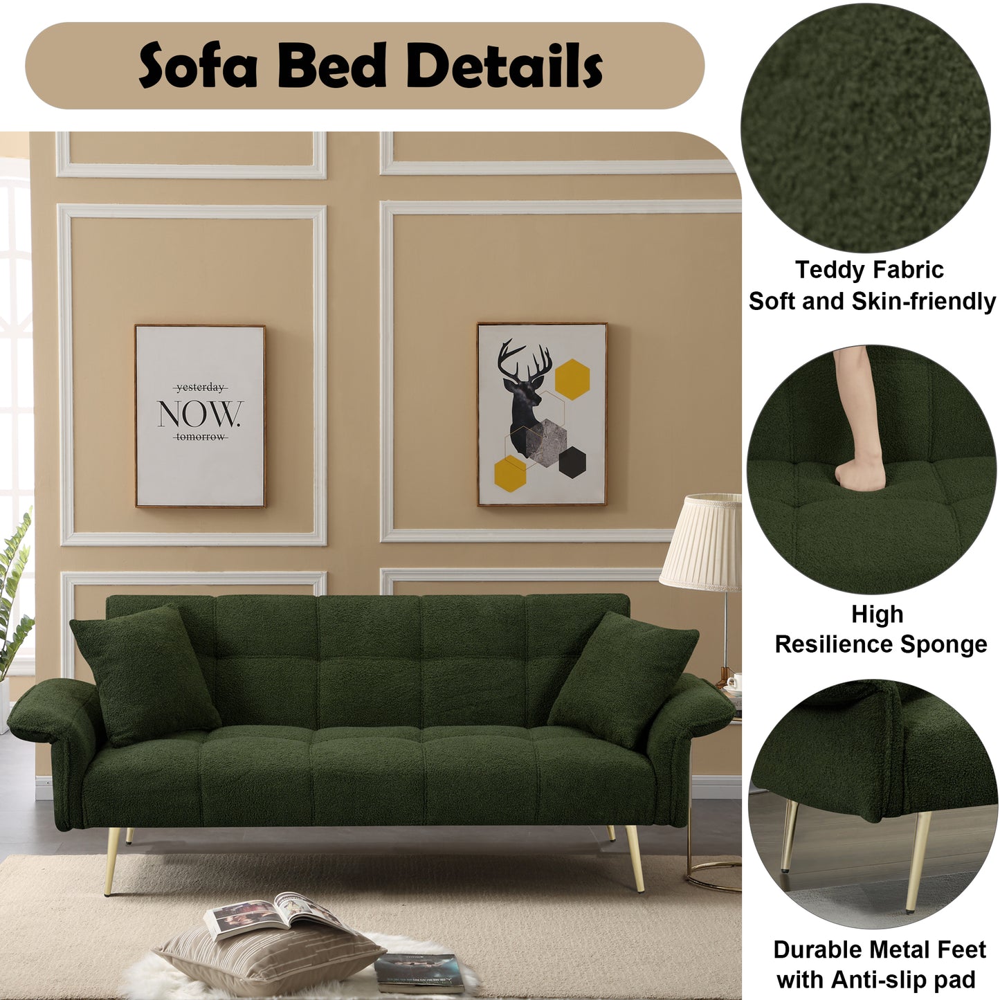Dark green teddy fabric sofa bed with gold metal legs plush and comfortable
