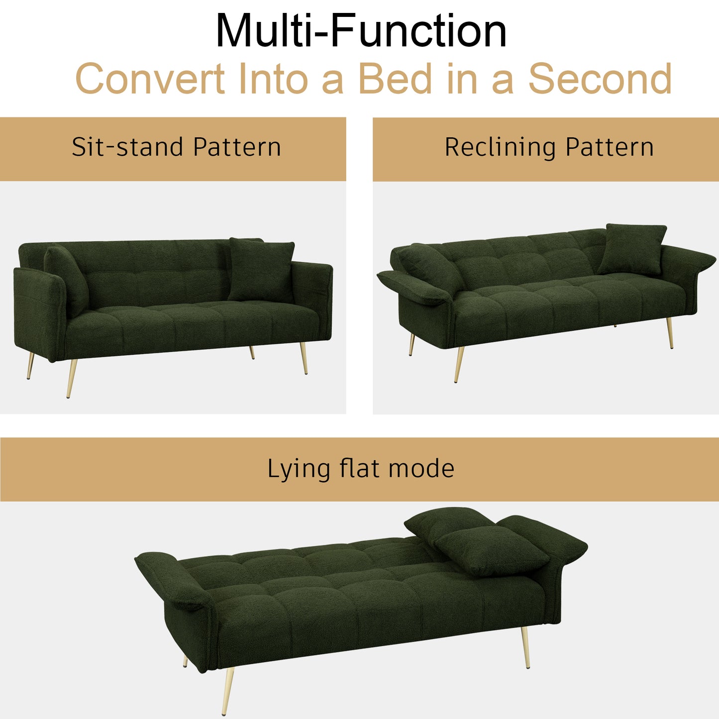Green textured fabric sofa in sitstand mode with gold legs