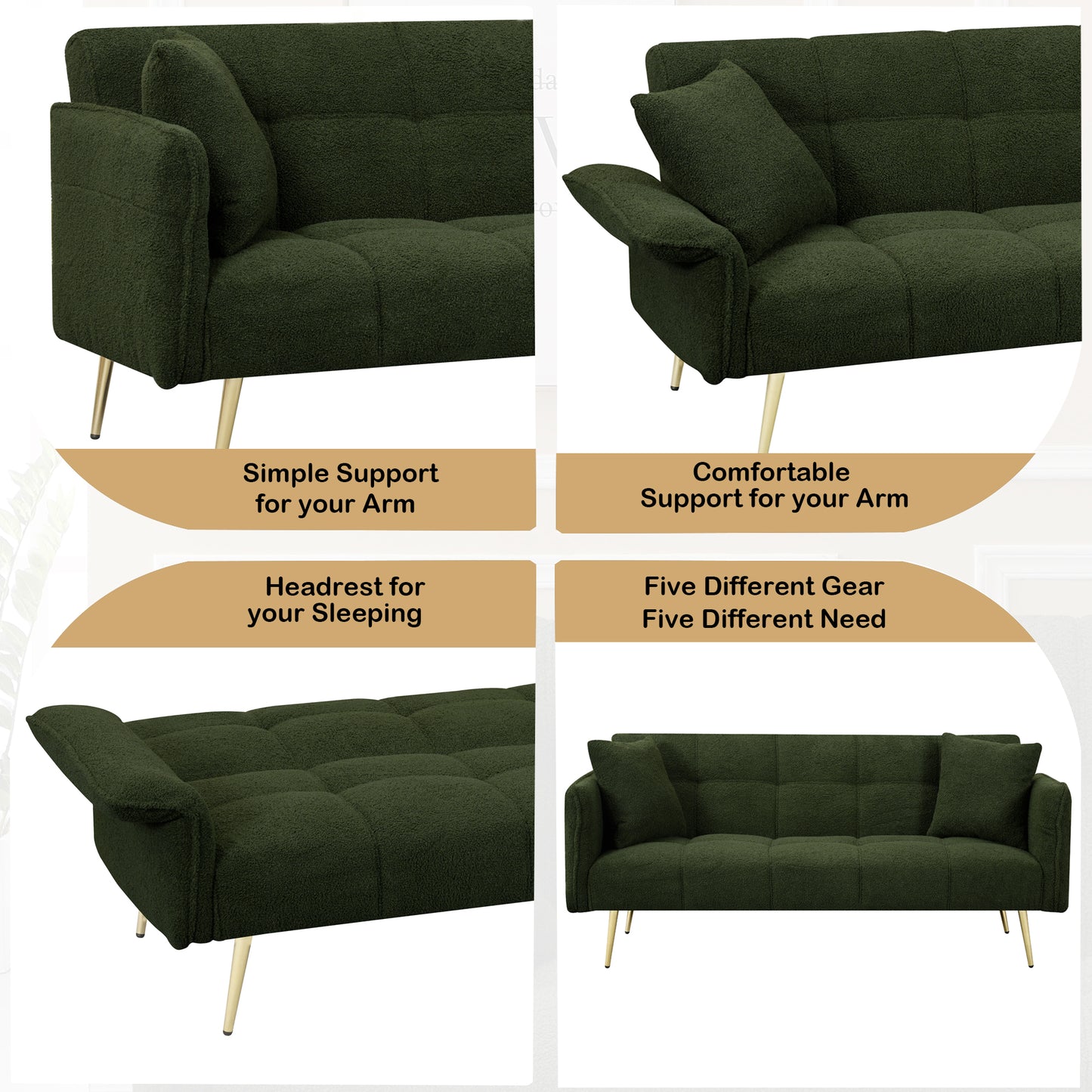 Deep green boucle fabric sofa with tufted cushions and gold legs