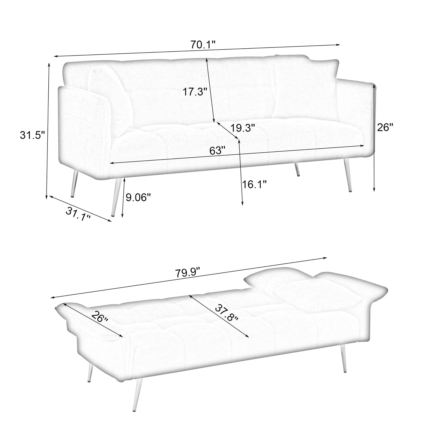 Diagram showing a white tufted sofas dimensions W x H x D