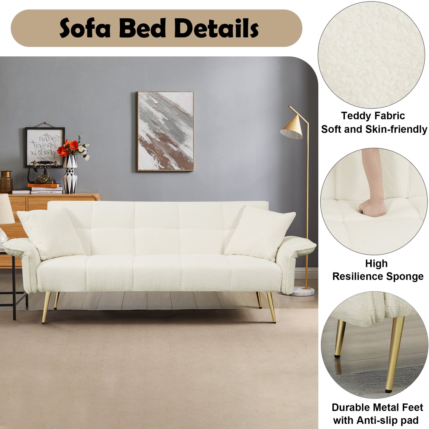 Cream teddy fabric sofa bed with plush cushions and gold legs