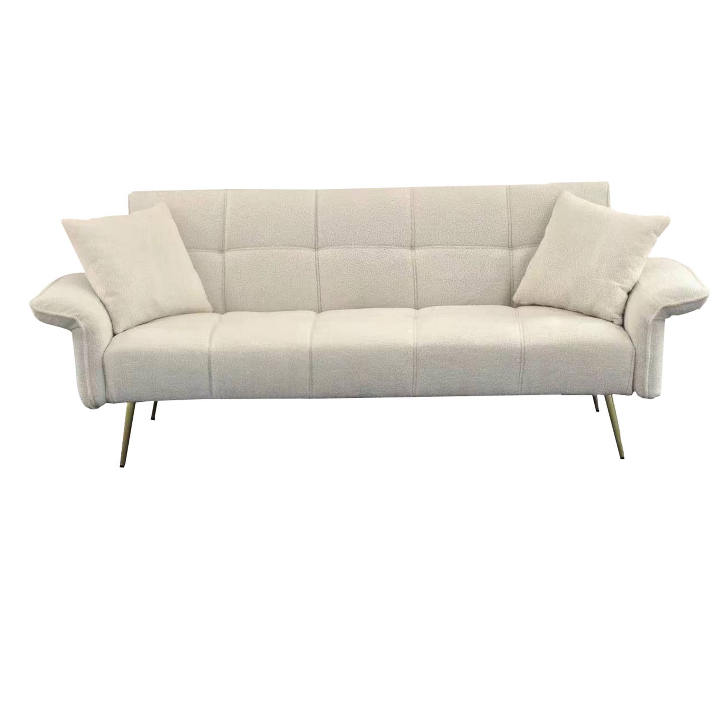 Plush teddy fabric sofa in cream tufted back modern design with gold metal legs