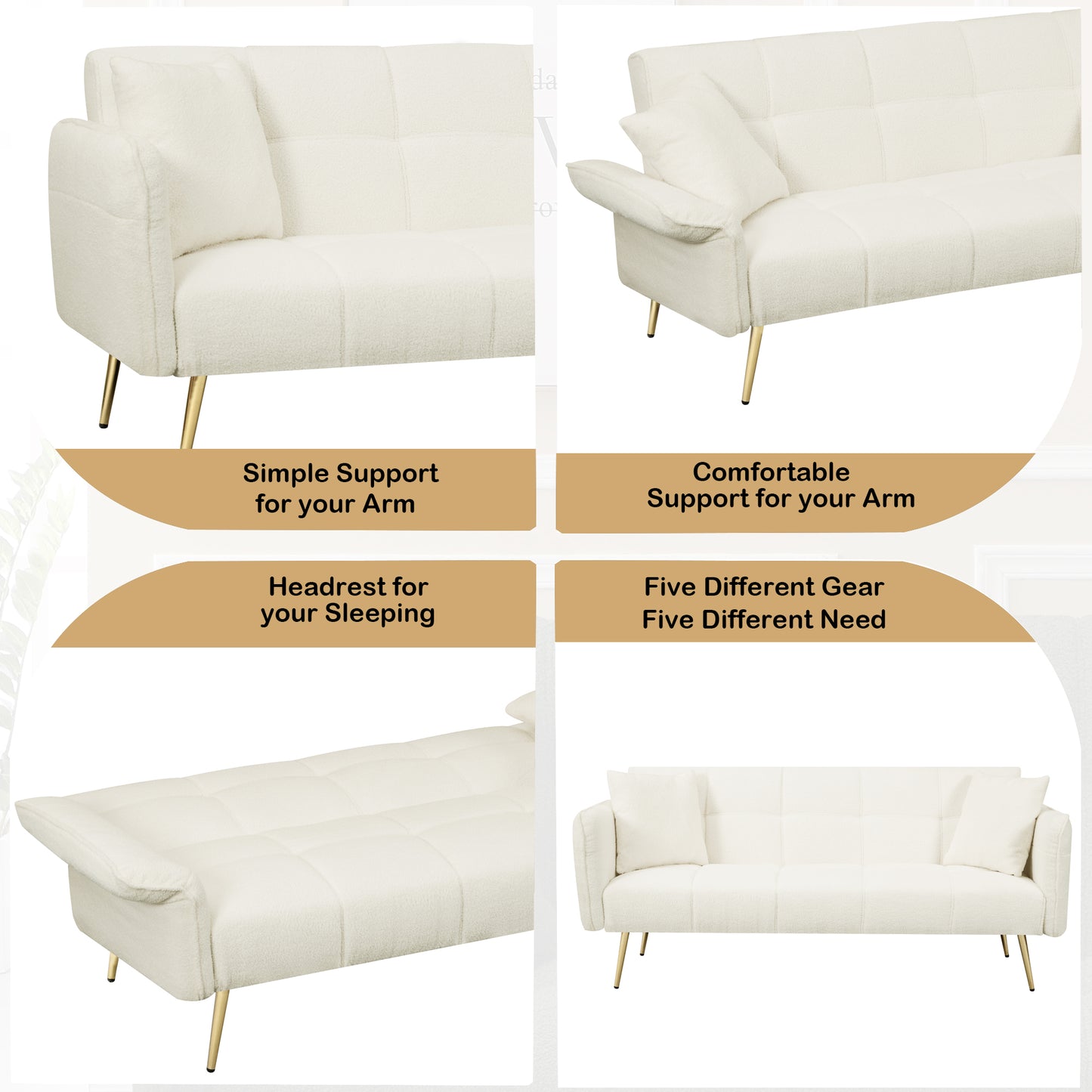 Cream boucle fabric sofa with gold legs and tufted cushions