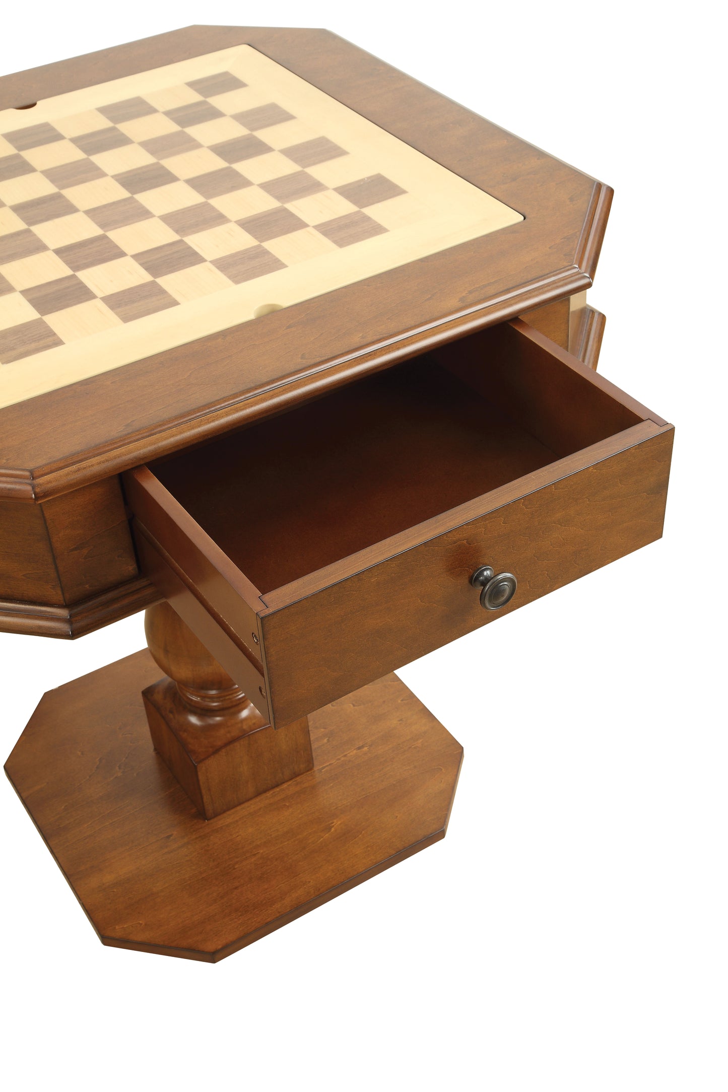 Octagonal wooden chess table with an open drawer and inlaid checkerboard pattern