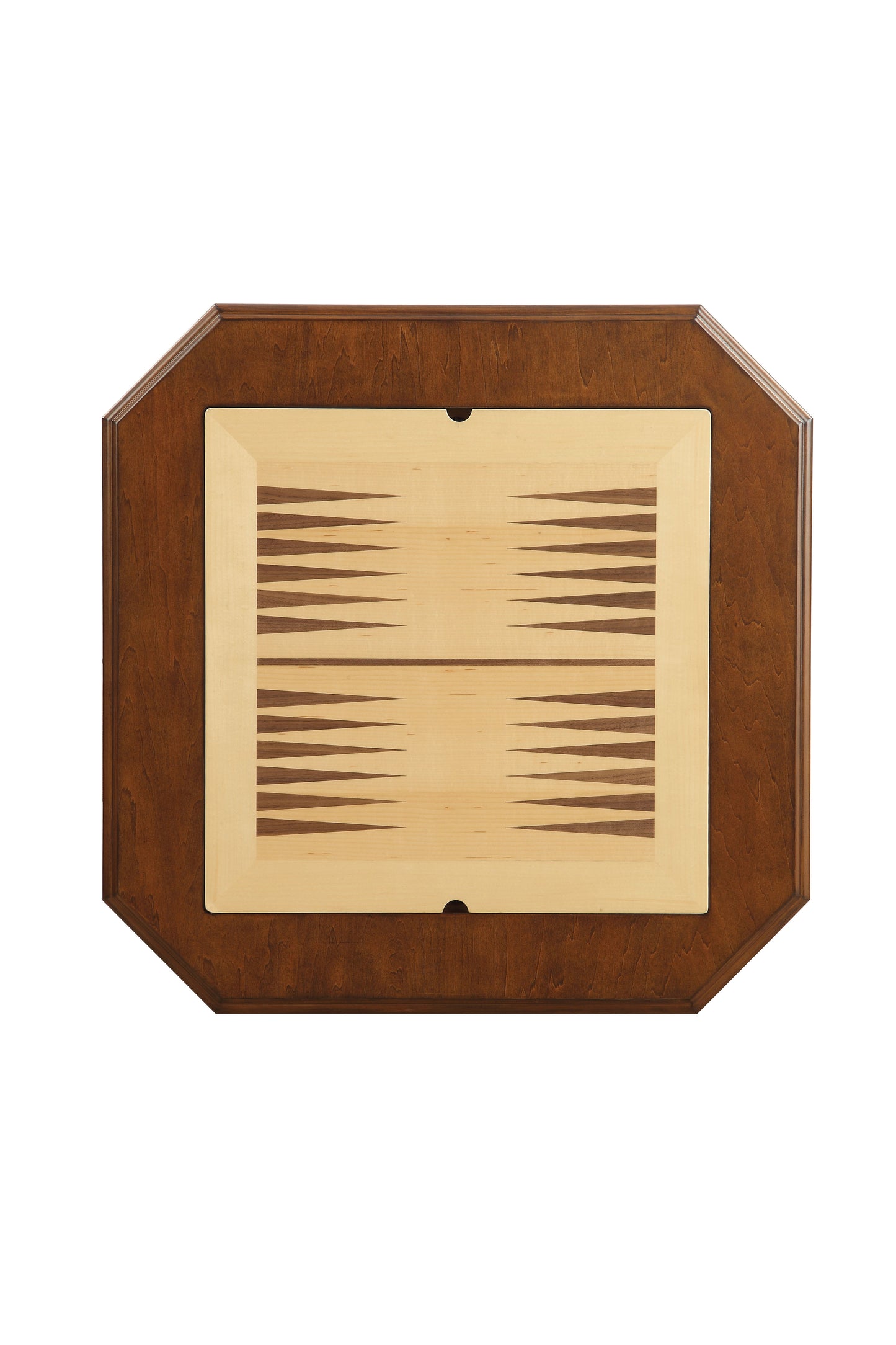 Wooden backgammon board with alternating dark and light points in octagonal frame